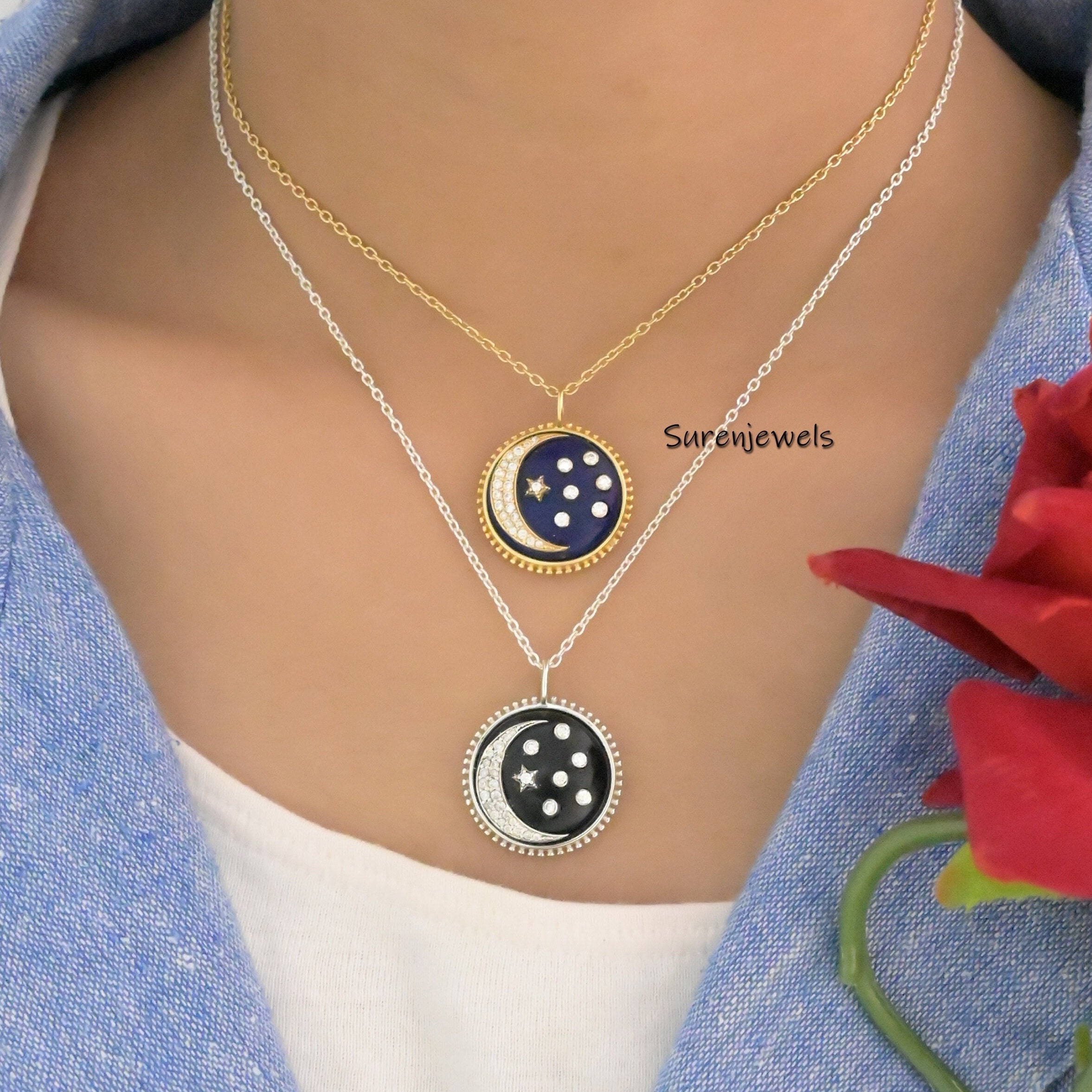 Lapis Lazuli Star Moon Pendant: Moissanite 925 Silver Disc - View 3 - Suren Jewels | SKU: SJP2446-SLYGDITQ-20M