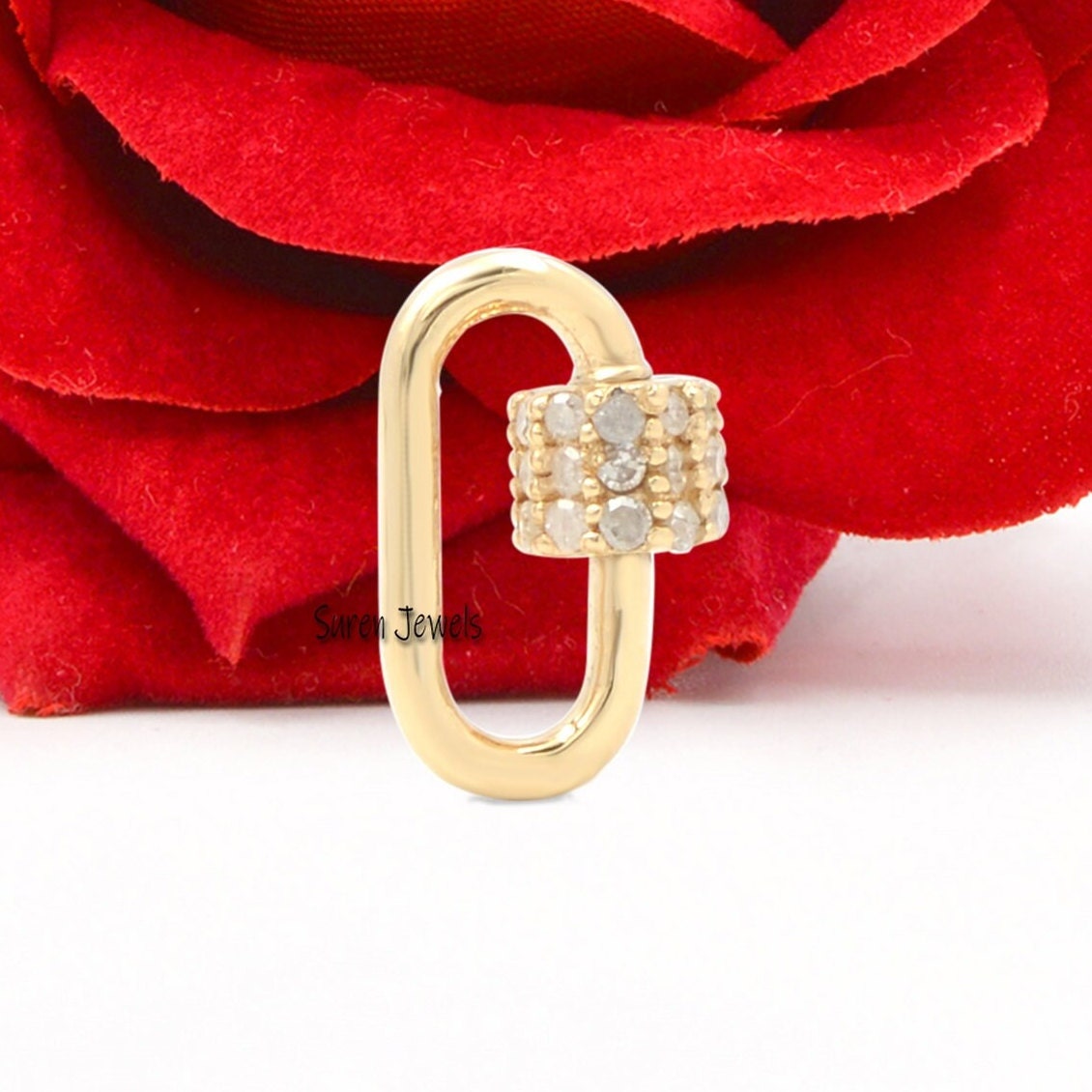 14k Gold Diamond Carabiner Lock Pendant: Pave Oval Charm - Suren Jewels | SKU: SJC05-14KYGDI-30M