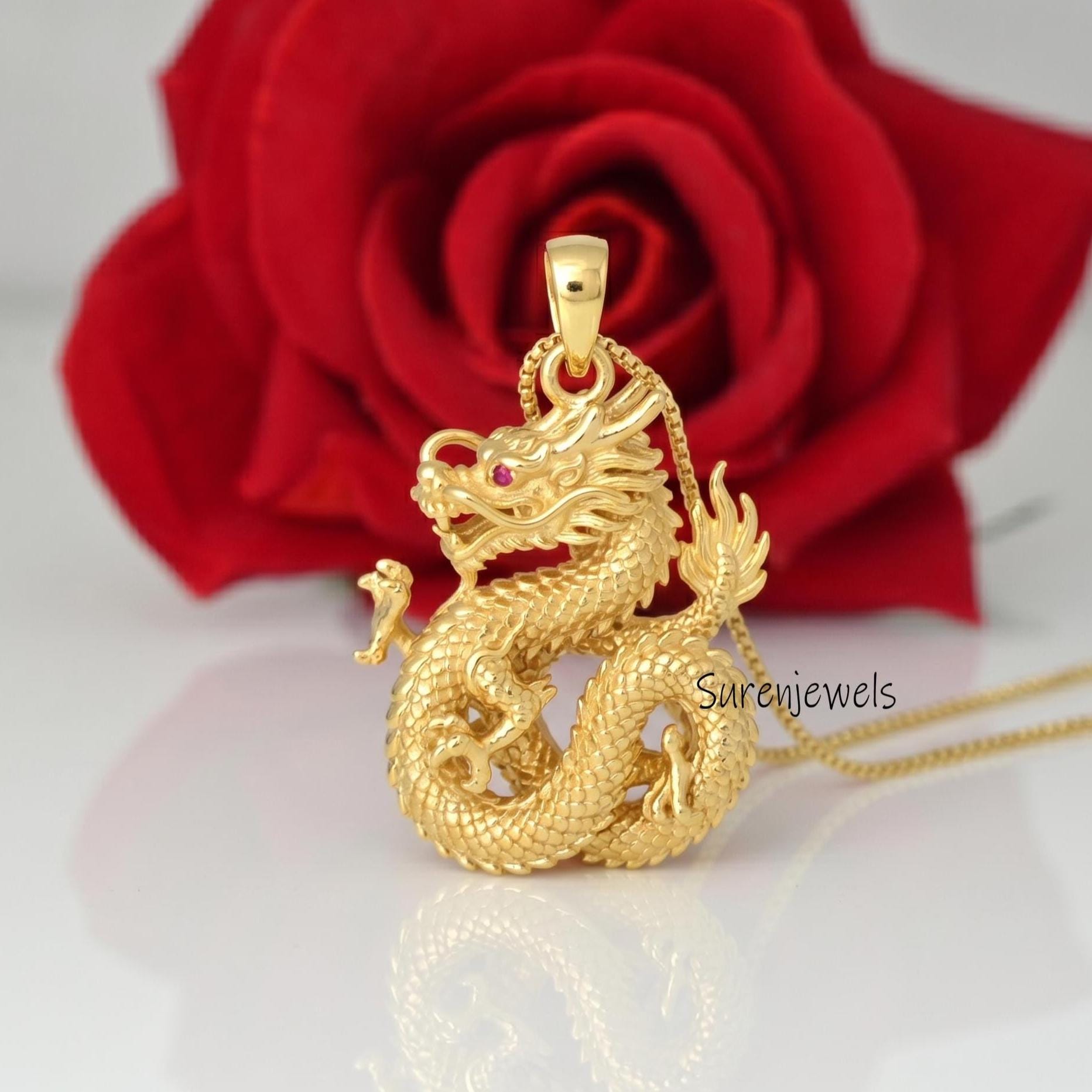 14k Gold Chinese Dragon Pendant, Gold Chinese Dragon Pendant, Chinese Dragon Jewelry, Dainty Solid Gold Dragon Charm, Gold Dr