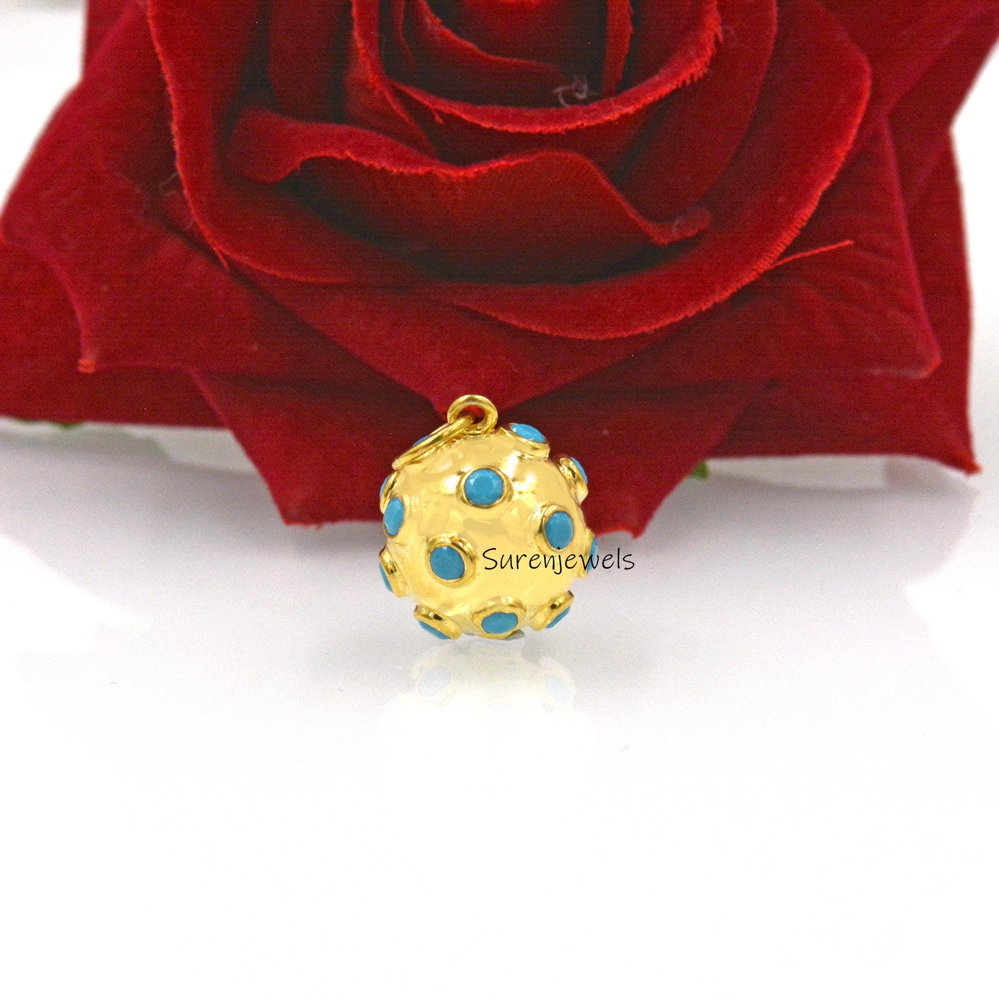 14k Gold Gemstone Ball Pendant: Diamond Star Design, Handmade - View 3 - Suren Jewels | SKU: SJP1488-SLNSMT-25M