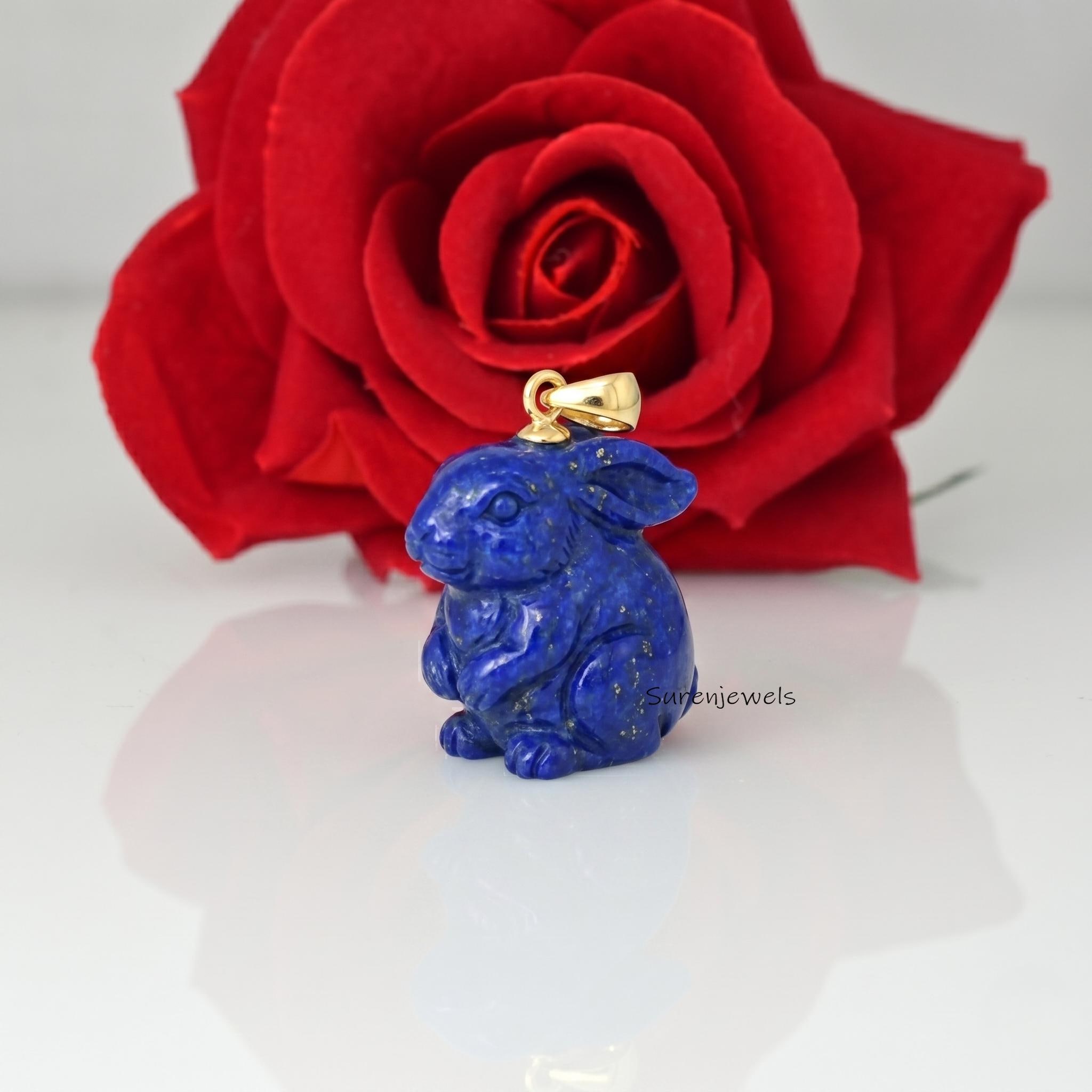 14K Gold Gemstone Bunny Pendant, Handcarved Gold Rabbit Pendant, Rose Quartz Bunny Charm, Rabbit Animal Jewelry, Carving Gold