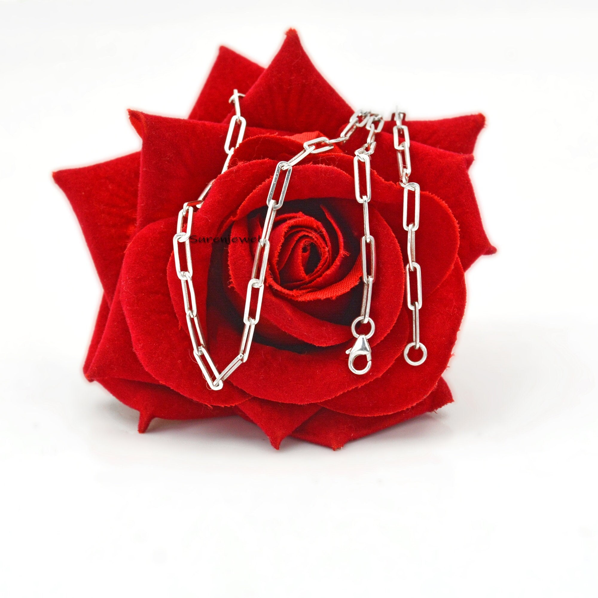 Sterling Silver Paper Clip Chain: Rectangle Cable Link Necklace - Suren Jewels | SKU: SJN252/G1-SLYG-10M-16I-F202