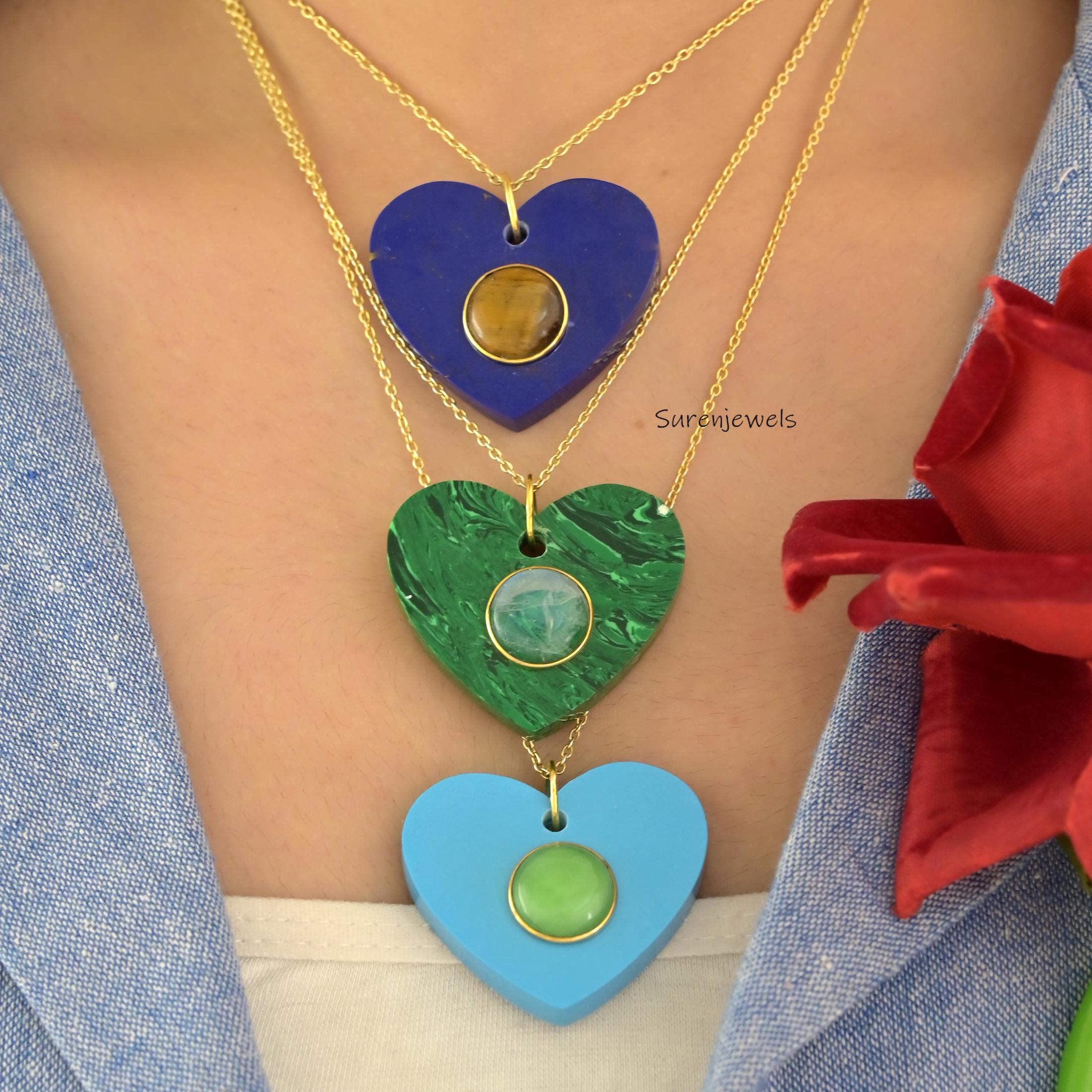 14k Gold Malachite Heart Pendant, Carving Heart Pendant, Natural Gemstone Heart Pendant, All Gemstone Heart Pendant - View 5