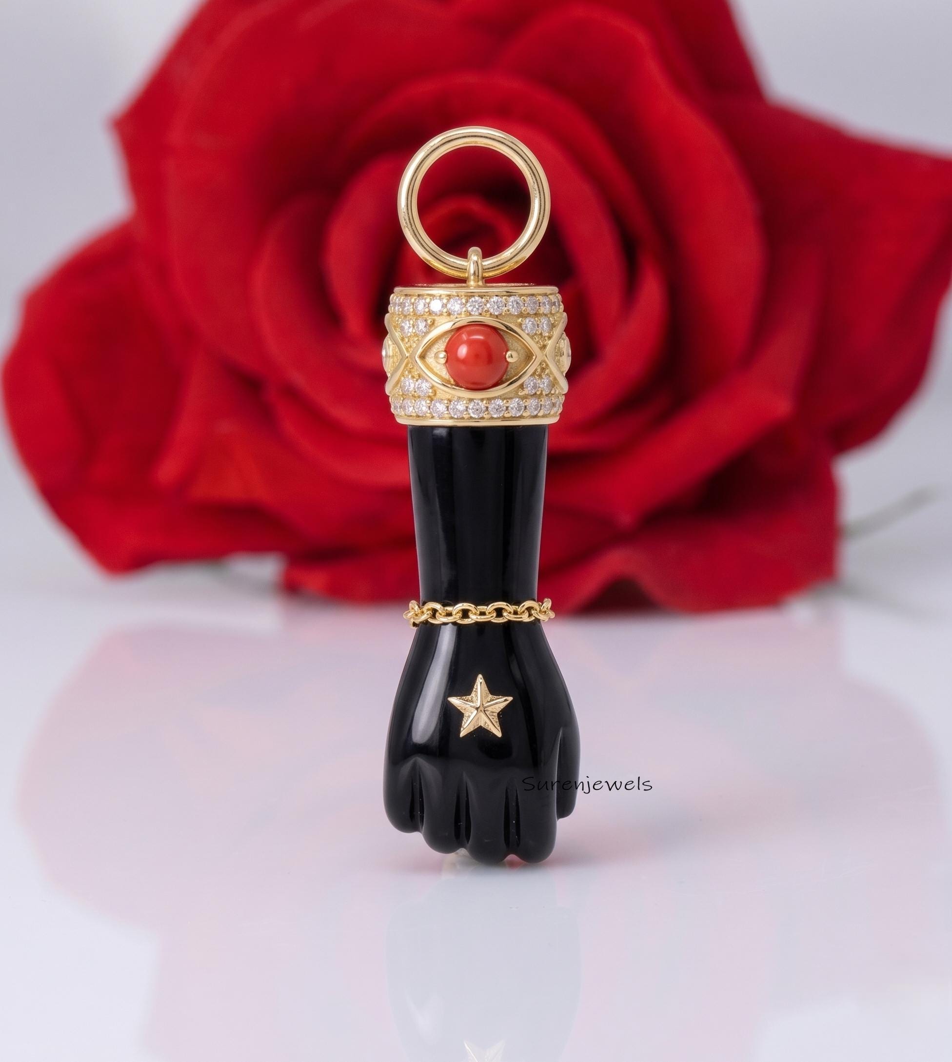 14k Gold hand Carved Gemstone Figa Hand Pendant, Gemstone Figa Pendant, Coral Figa Hand Pendant - Suren Jewels | SKU: SJP
