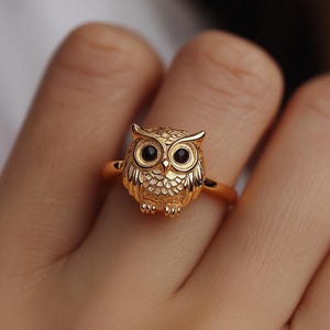 14k Gold Owl Ring, Gold Animal Ring, Minimalist Owl Ring, Yellow Gold Owl Ring, Owl Ring, Owl Jewelry, Dainty Solid Gold Owl Ring, Owl Ring
