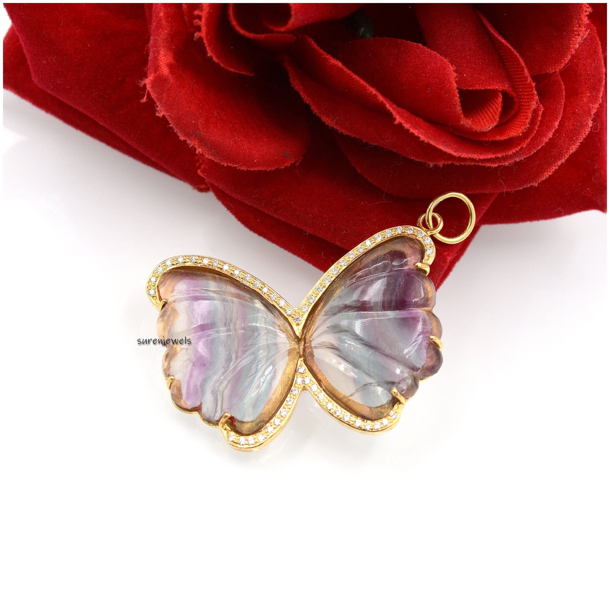 14k Gold Gemstone Butterfly Pendant: Pave Moissanite Accent - Suren Jewels | SKU: SJP1456-SLYGTLMN