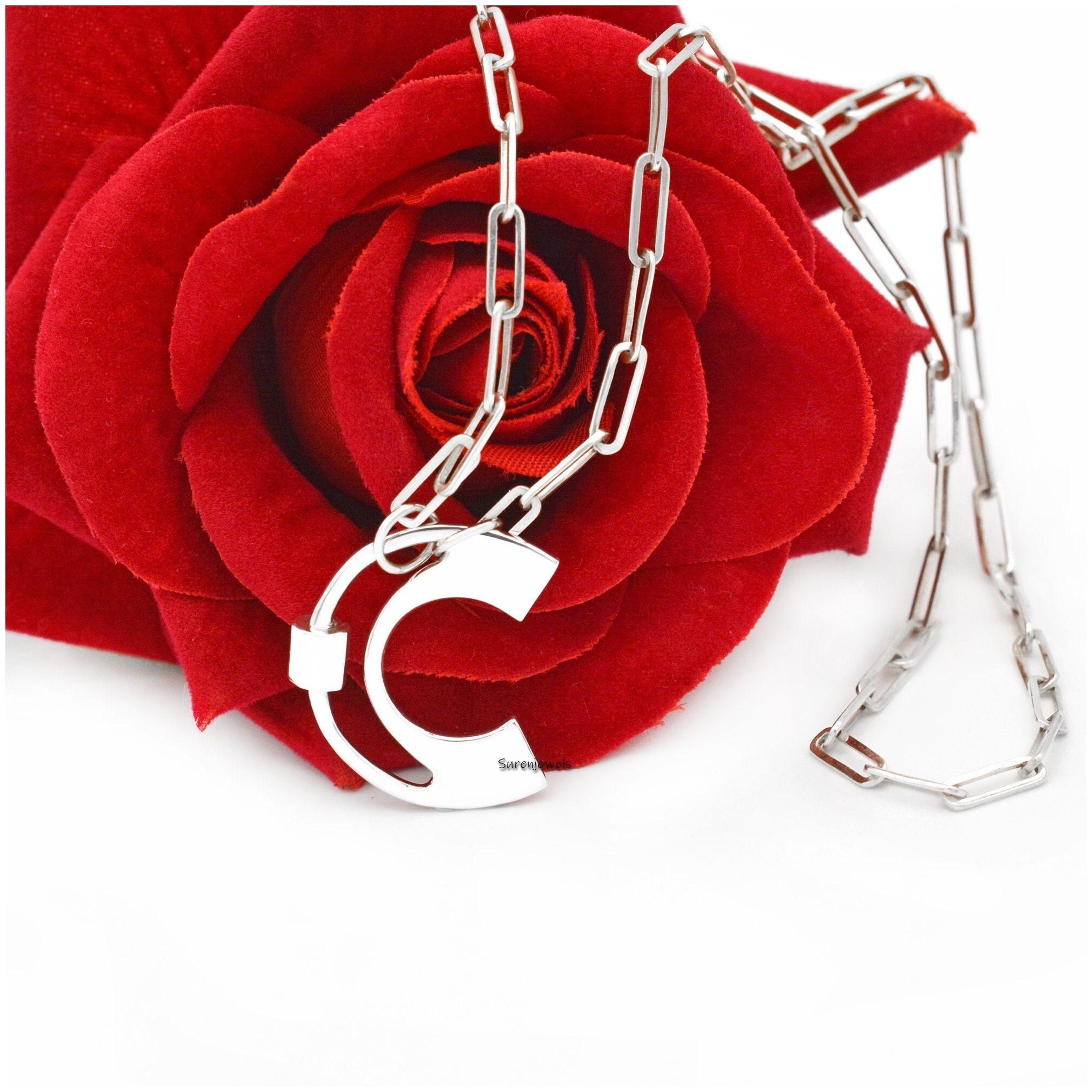 925 Silver Initial Carabiner Lock Necklace: Custom Letter A-Z - Suren Jewels | SKU: SJC88-SLYG-R-N47-18I-925