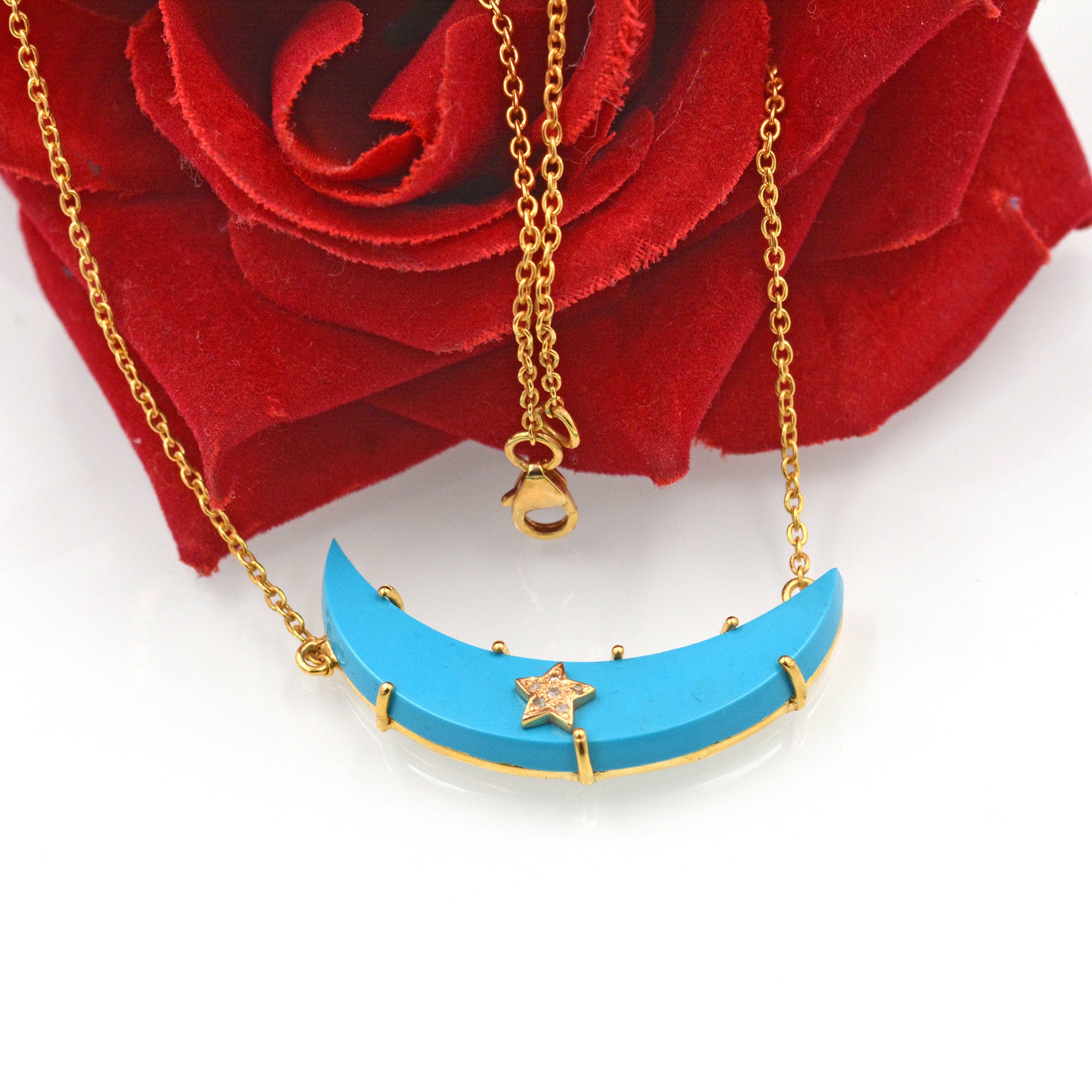 14k Gold Plated Turquoise Moon Pendant Necklace: Gemstone Jewelry - View 6 - Suren Jewels | SKU: SJN693-SLNSDIMK-18I