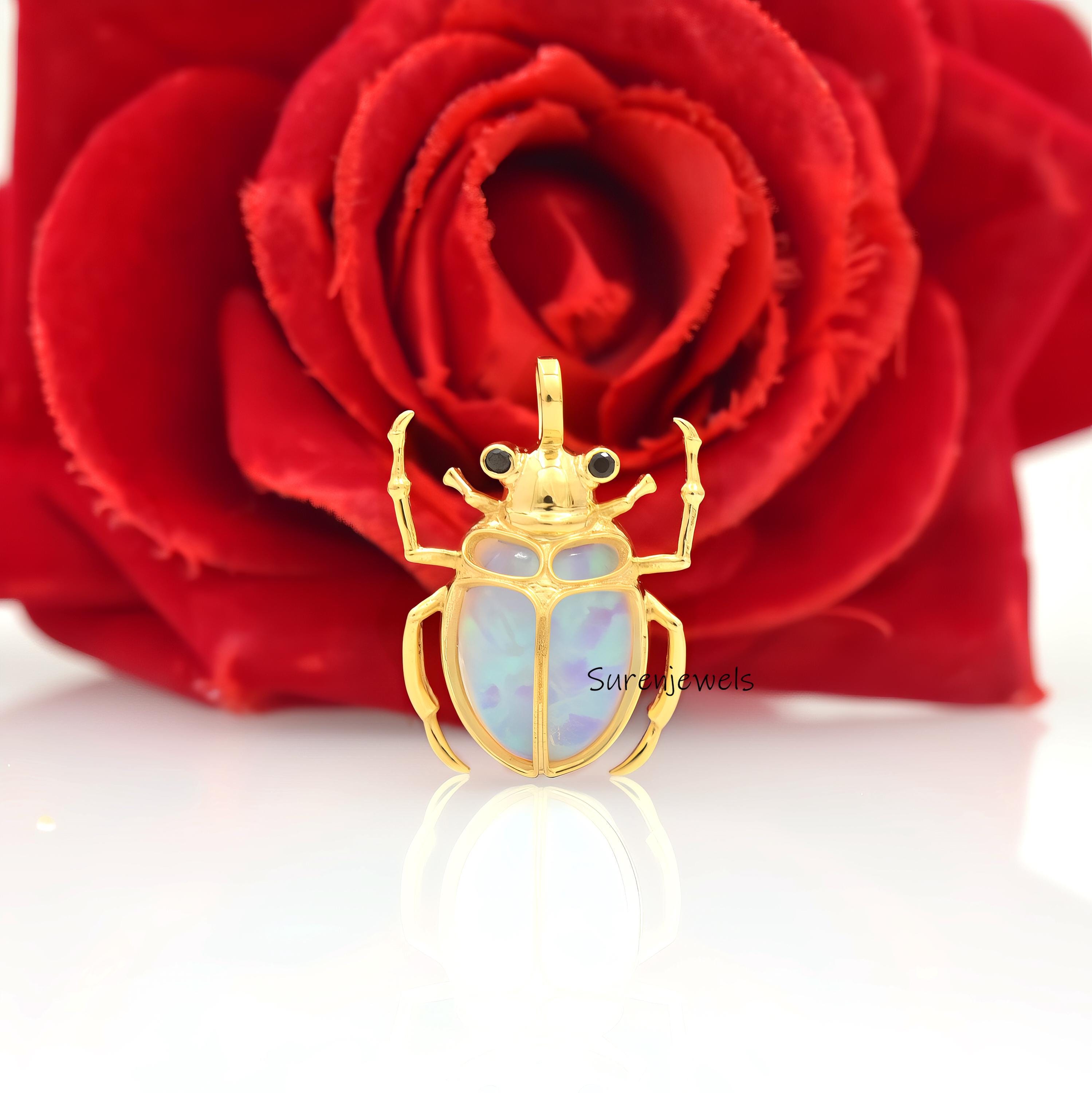 14K Gold Gemstone Scarab Charm: Hand Carved Amulet - View 5 - Suren Jewels | SKU: SJP4233-SLYGLPZBS-35M,SJP4234-SLYGLPZ-35M,S