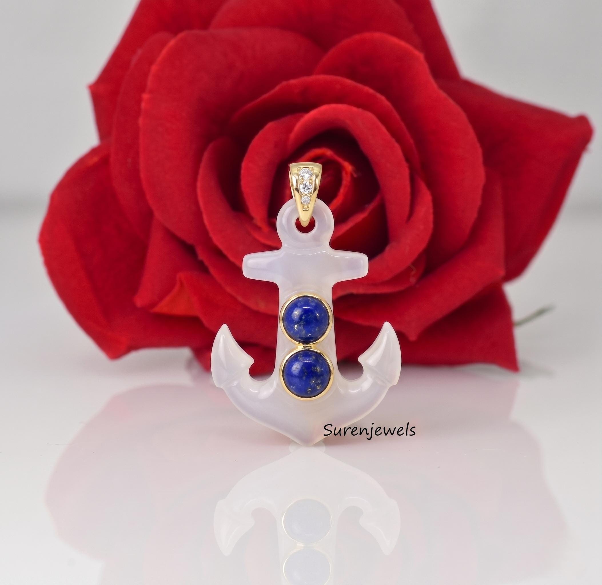 Carved Gemstone Anchor Pendant, handmade Gemstone Anchor Pendant, Designer Carved Anchor Jewelry - Suren Jewels | SKU: SJP616