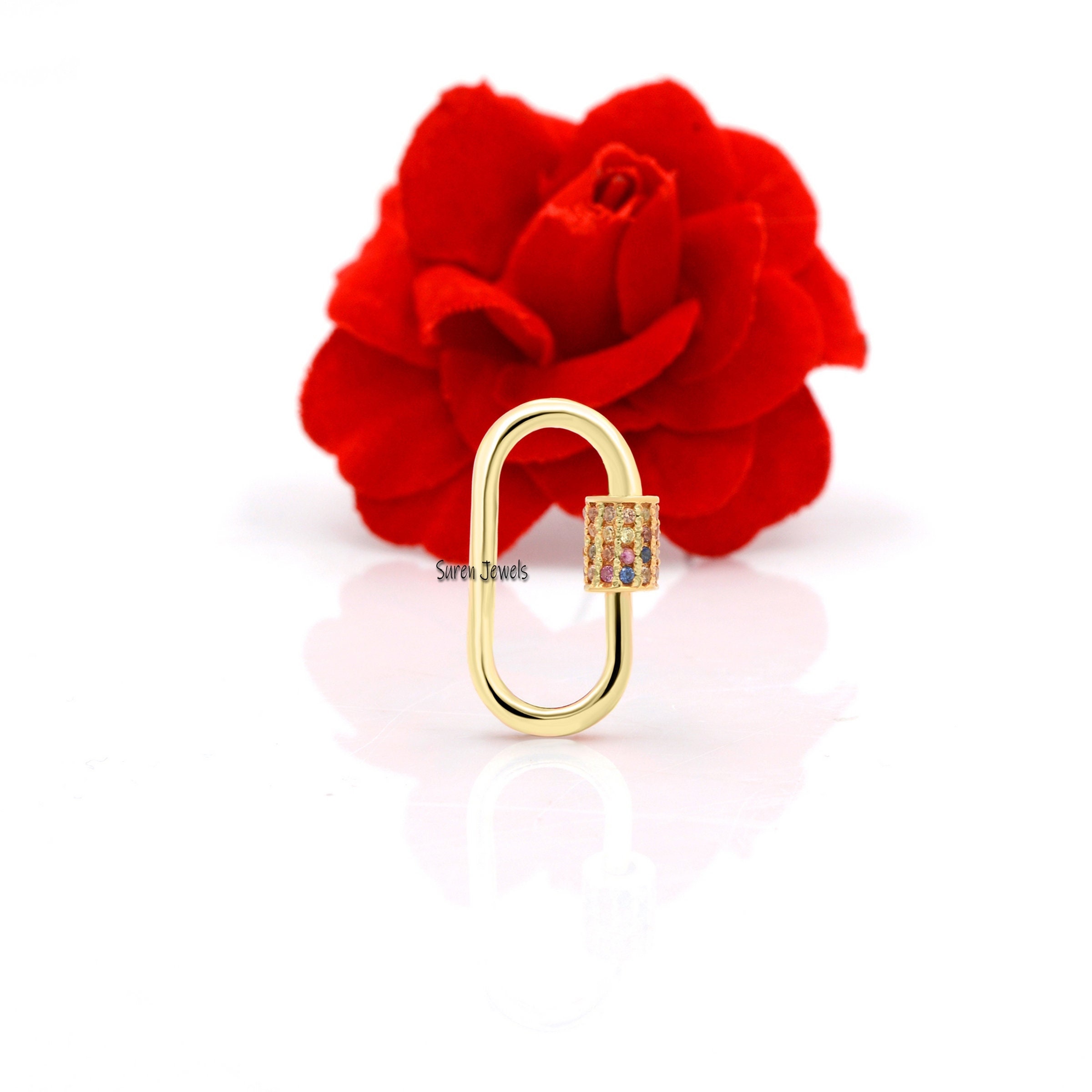 14k Gold Carabiner Lock with Multi Sapphire Accent - Suren Jewels | SKU: SJC132-14KYGMT