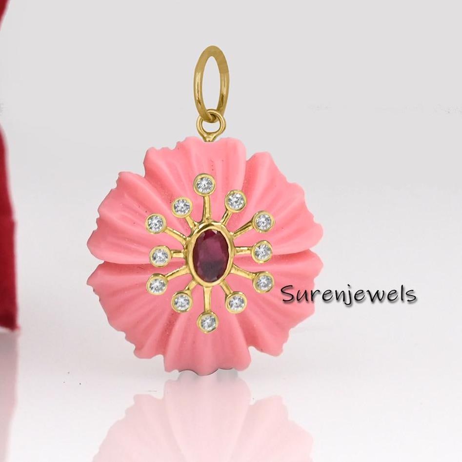 925 Silver Pink Opal Flower Pendant: Carved Floral Charm - View 5 - Suren Jewels | SKU: SJP4383-SLYGMSCZRUCZ-25M