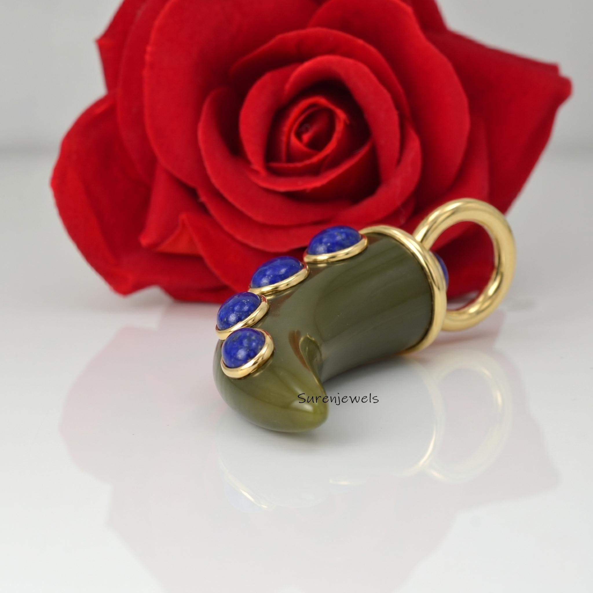 14K Gold Gemstone Horn Pendant, Tibetan Buffalo Horn Pendant, Handmade Designer Horn Pendant, Gemstone Italian Horn Pendant