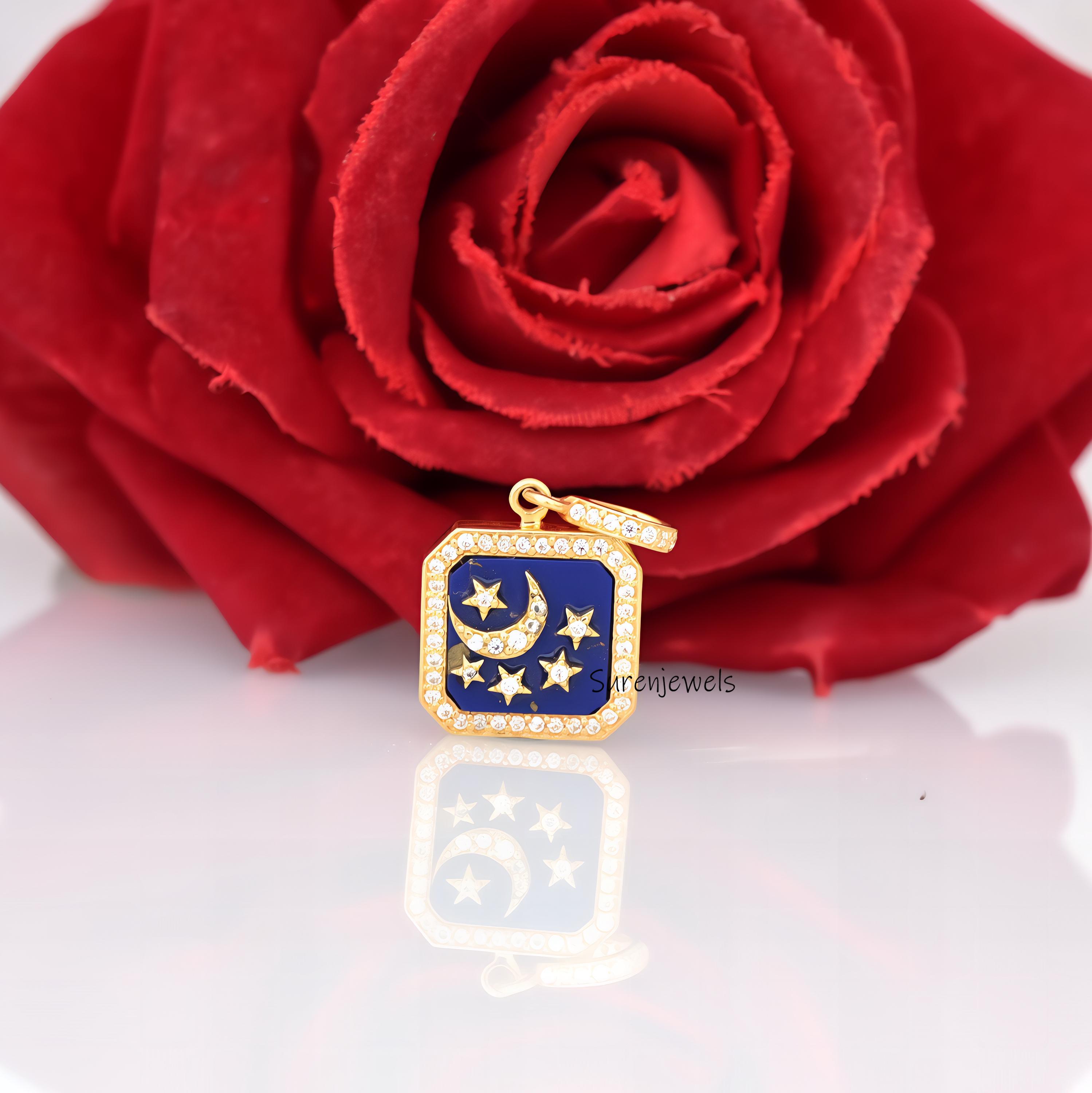 14k Gold Gemstone Star Moon Pendant: Handmade Designer Charm - Suren Jewels | SKU: SJP4398-SLYGLPZCZ-25M