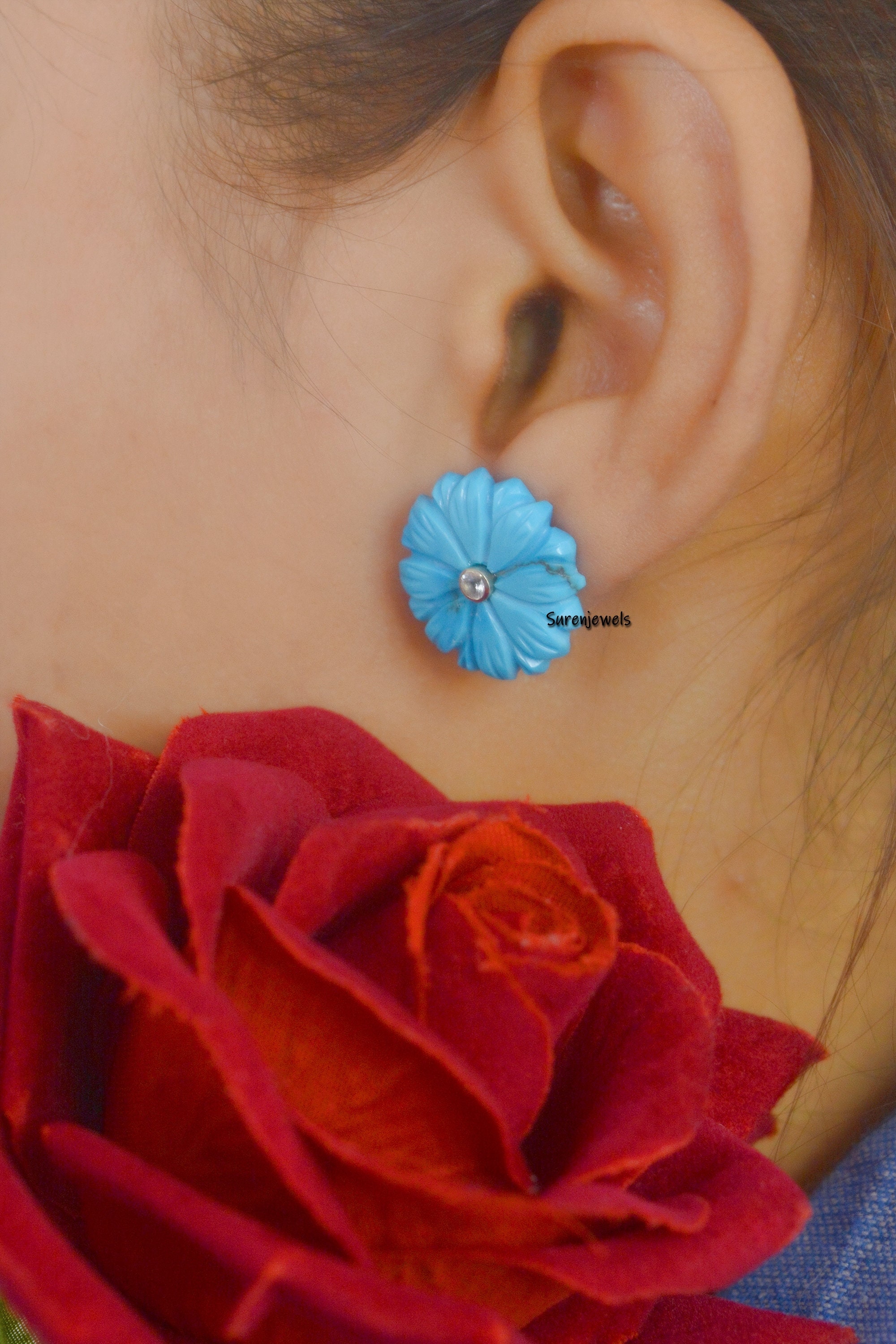925 Silver Carved Turquoise Flower Studs: Carving Gemstone Earrings - View 4 - Suren Jewels | SKU: SJE953-9KYGTQWT