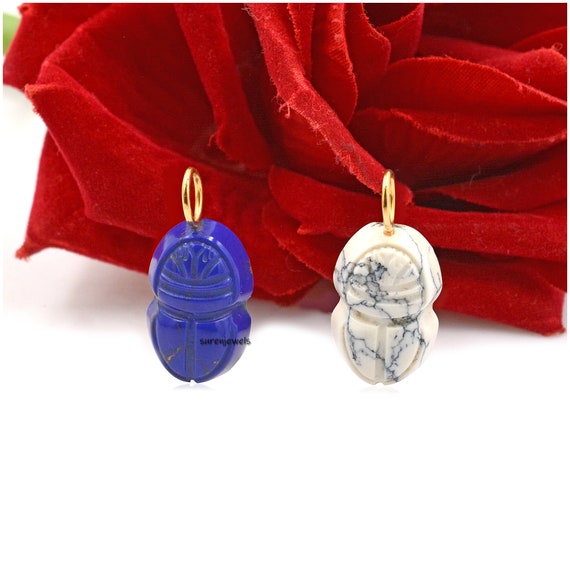 14K Gold Gemstone Scarab Pendant: Hand Carved Amulet Charm