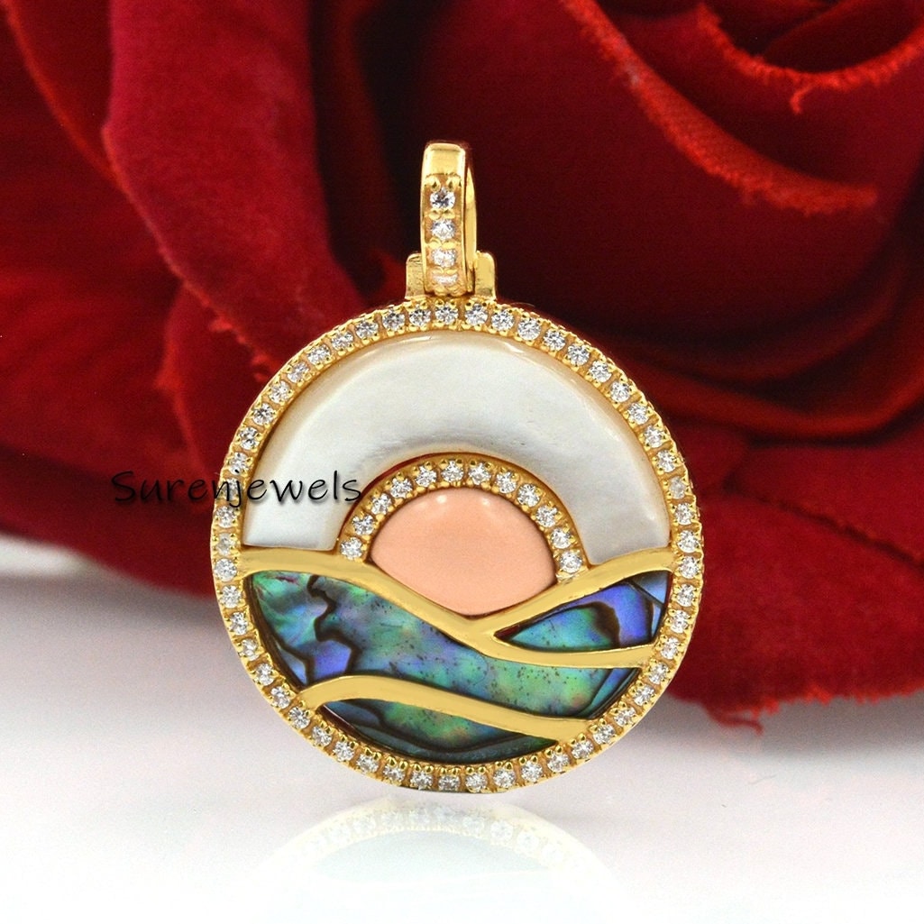 14k Gold Gemstone Sunset Pendant: CZ Sun & Sea Disc - Suren Jewels | SKU: SJP1639