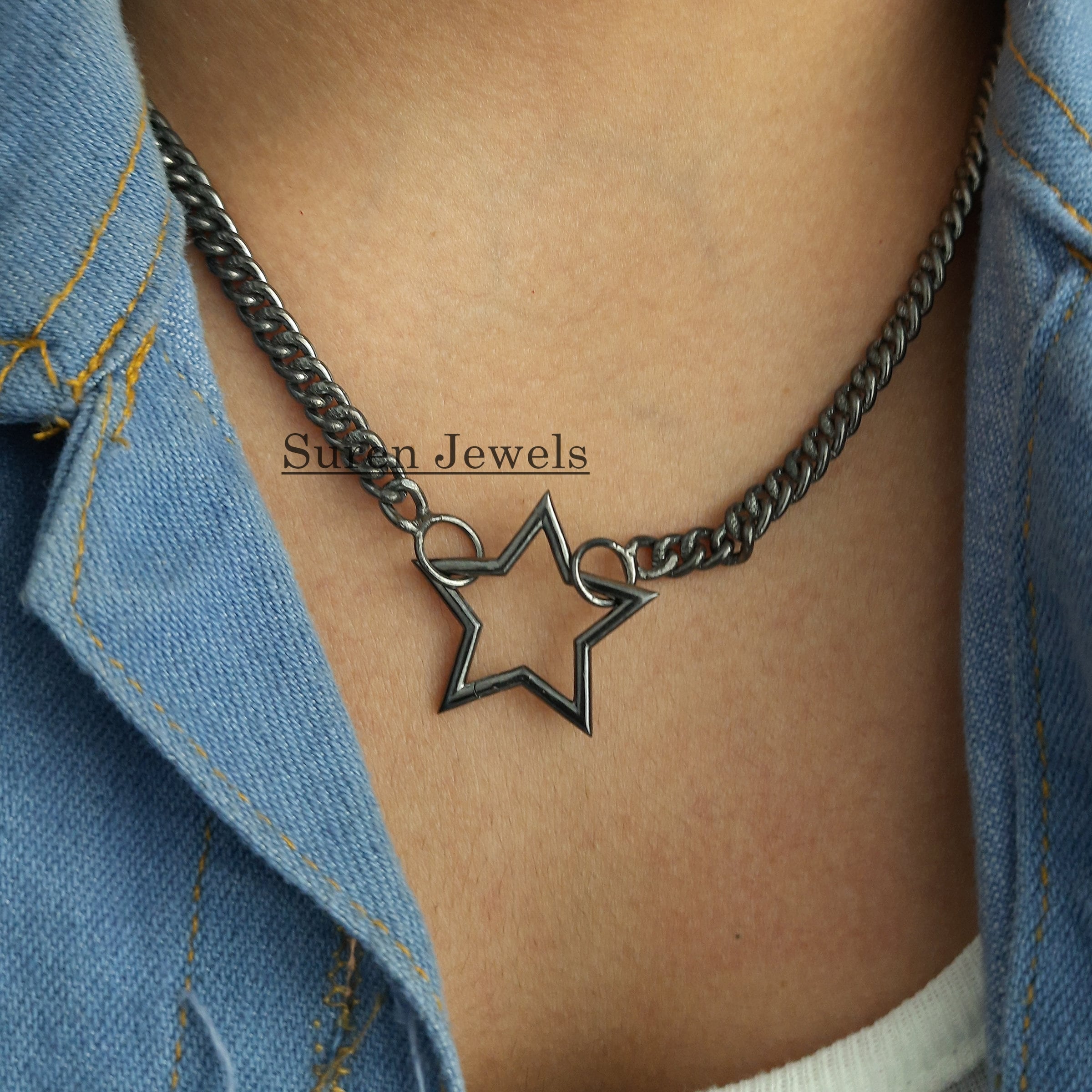 925 Silver Star Charm Holder: Clasp Link Lock Enhancer - View 5 - Suren Jewels | SKU: SJP508-SLRH-N22-18I