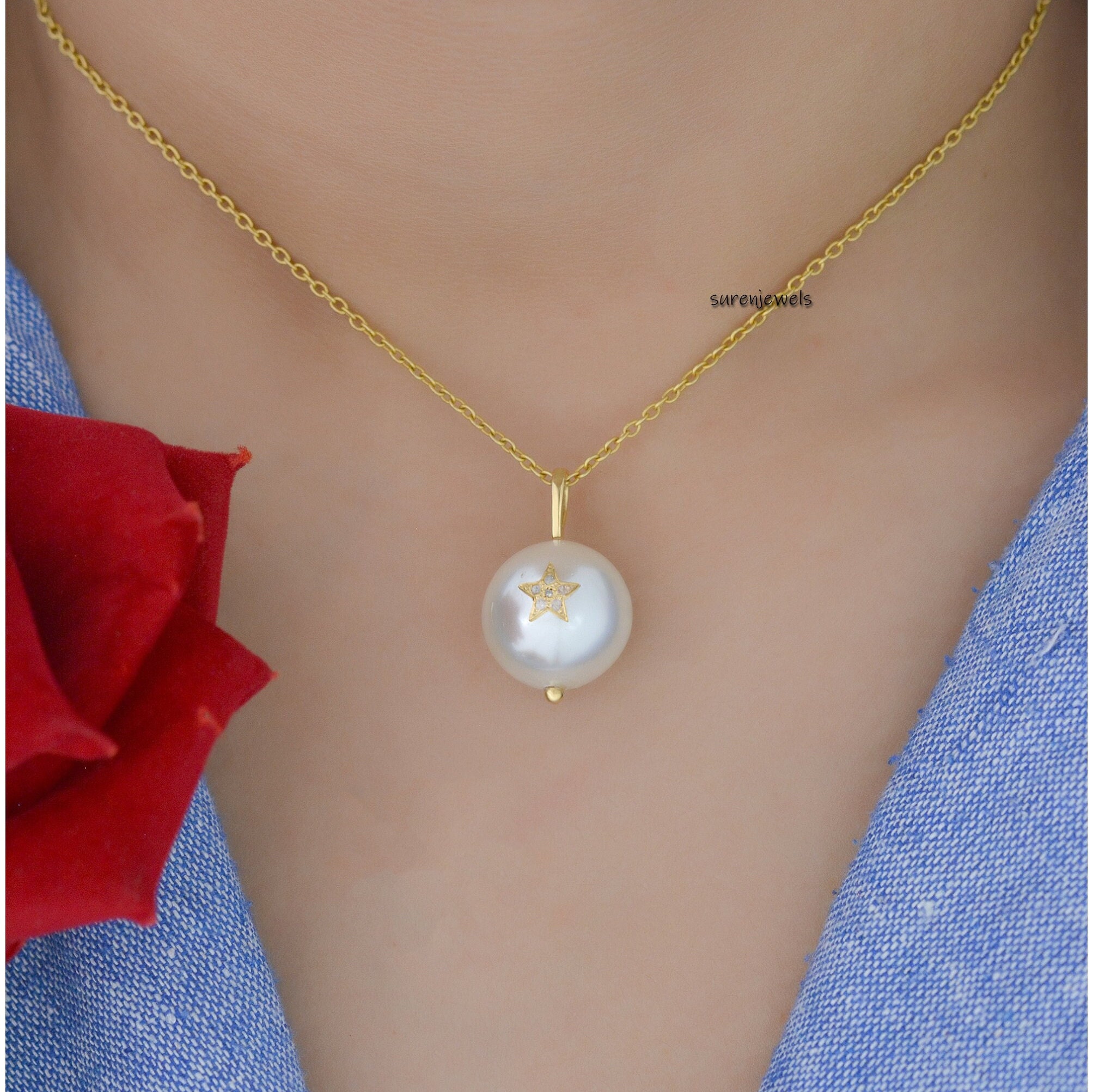 14K Gold Gemstone Star Ball Pendant: Handmade Carved Pearl & Diamond - View 3 - Suren Jewels | SKU: SJP741-SUREN14K