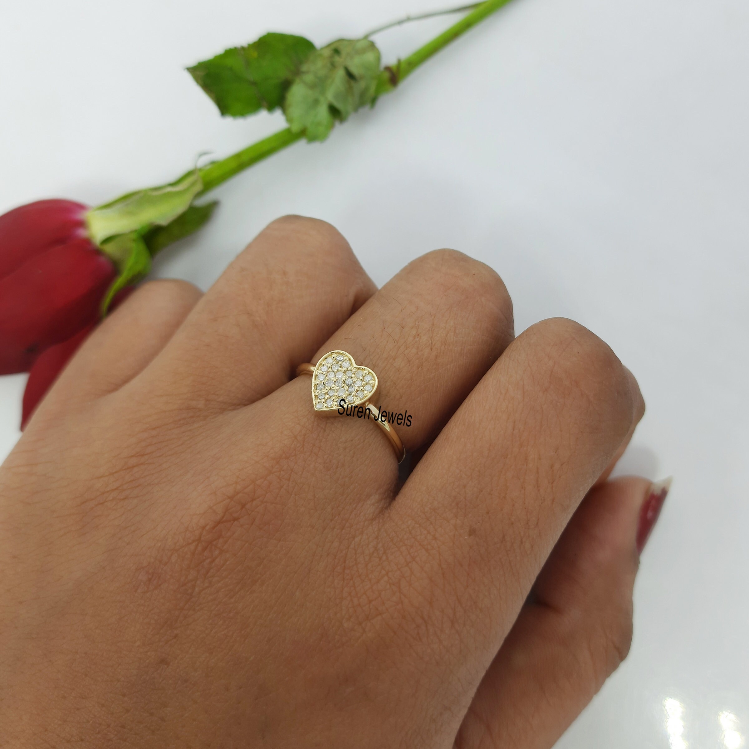 14k Gold Diamond Heart Signet Ring: Dainty Gemstone Ring - View 7 - Suren Jewels | SKU: SJR690-14KYGDI