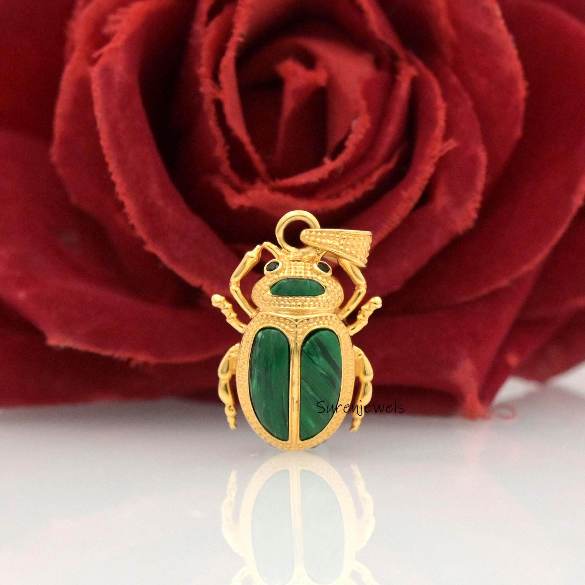14K Gold Scarab Pendant, Hand Carved Egyptian Beetle Jewelry - Suren Jewels | SKU: SJP4574-SLYGAZBKCZ-25M,SJP4961-SLYGLPZ-25M