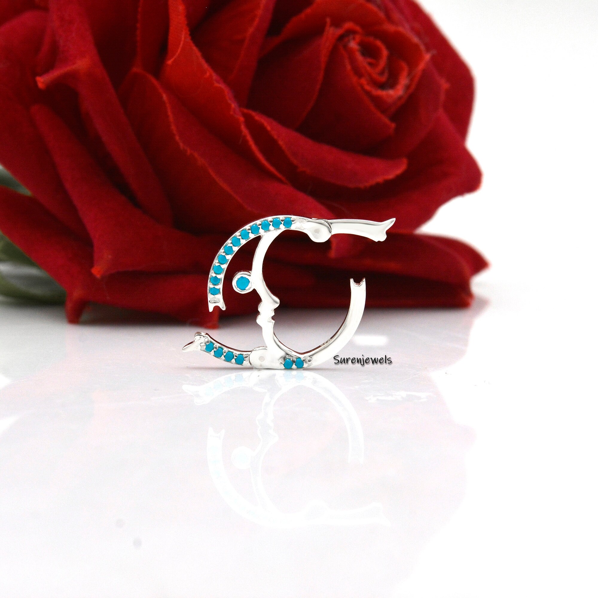 Turquoise Crescent Moon Charm Holder: 14K Solid Gold Lock, 20mm - View 3 - Suren Jewels | SKU: SJP944-SLYGDI