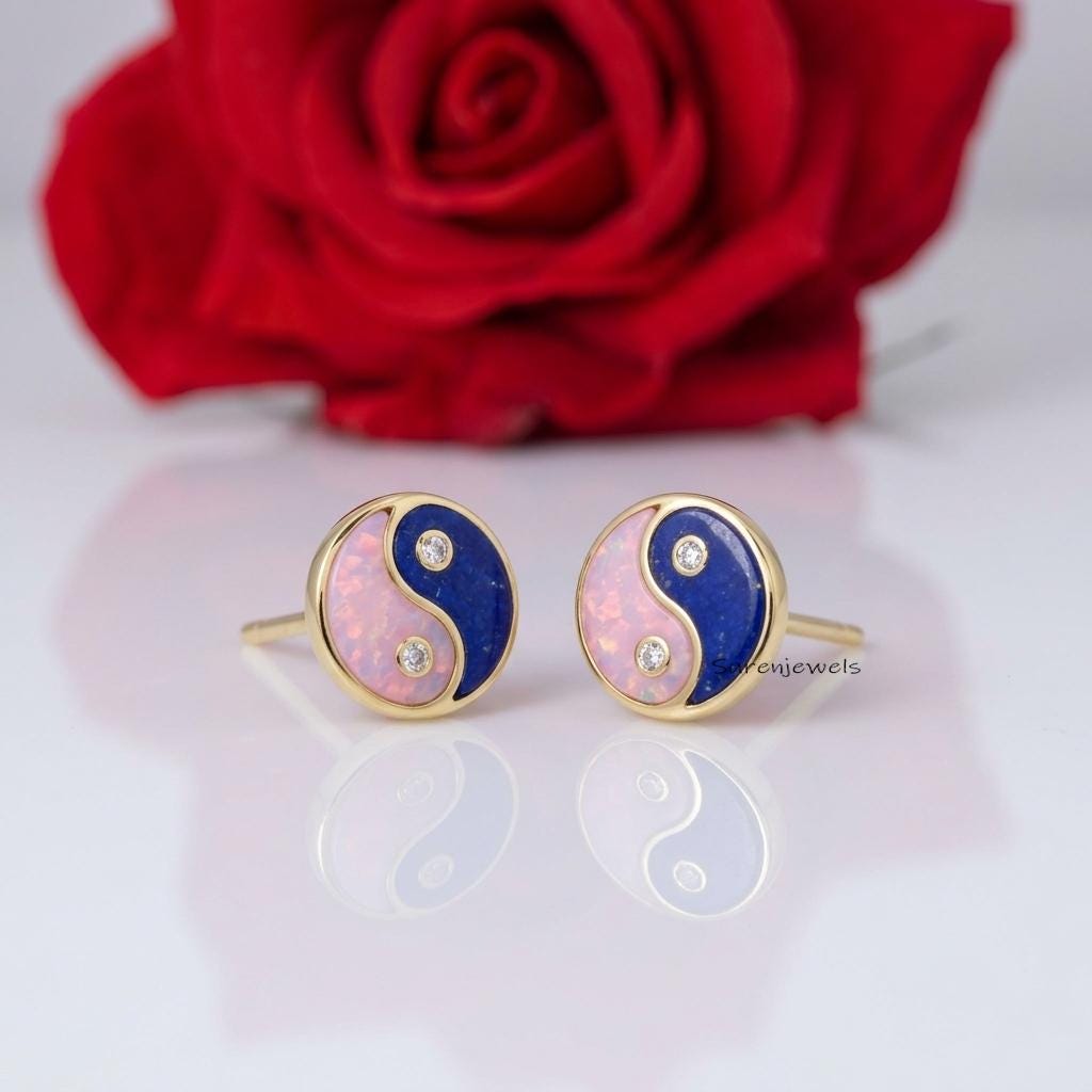 Lapis & Pink Opal Yin Yang Studs, Yin Yang Studs, Spiritual Yin Yang Jewelry, Chinese Symbol Studs, Gemstone Yin Yang, Design