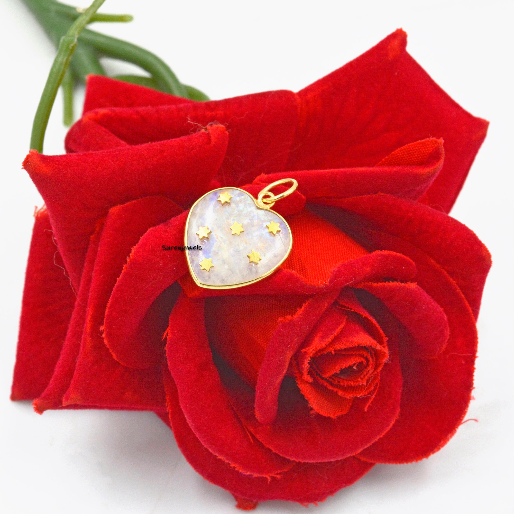 Handmade 14K Gold Gemstone Heart Pendant, Tiny Star Design - View 7 - Suren Jewels | SKU: SJP758-14KYGHT-20M