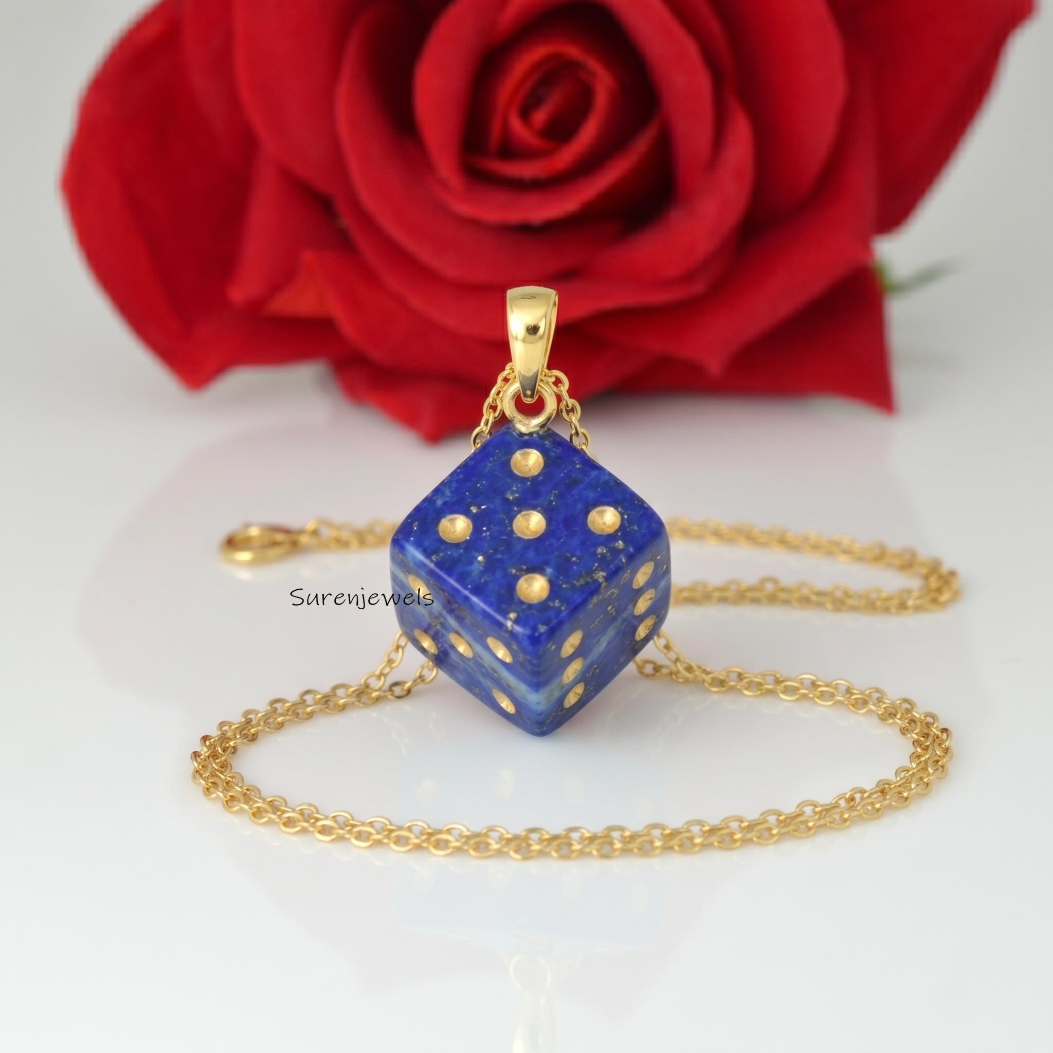 14K Gold Gemstone Dice Pendant, handmade Designer Dice Pendant, Gold Carving Gemstone Dice Pendant, Dice Pendant jewelry - Vi