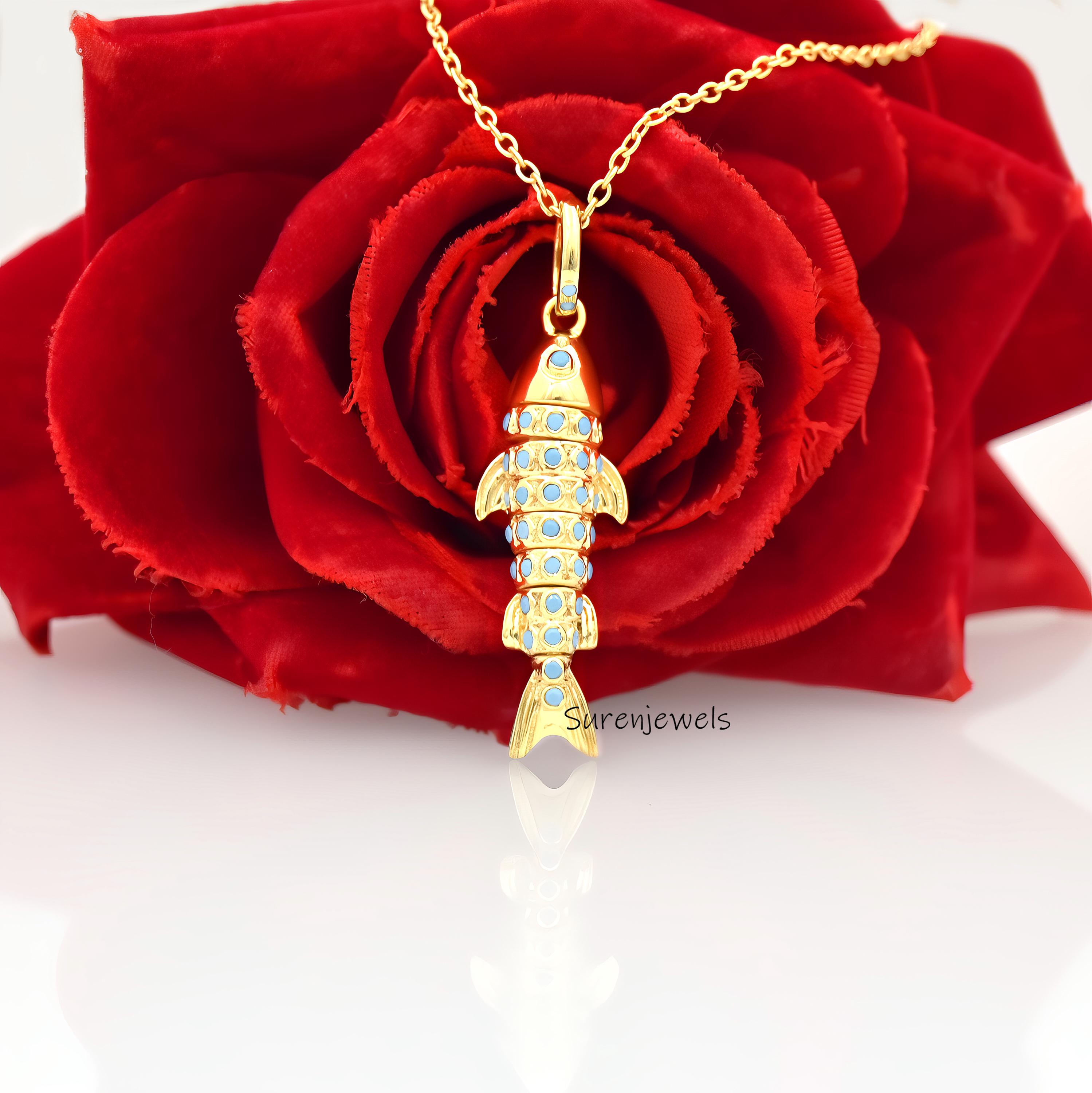 14K Gold Moveable Fish Pendant: Multi Gemstone 3D Charm - View 2 - Suren Jewels | SKU: SJP3342
