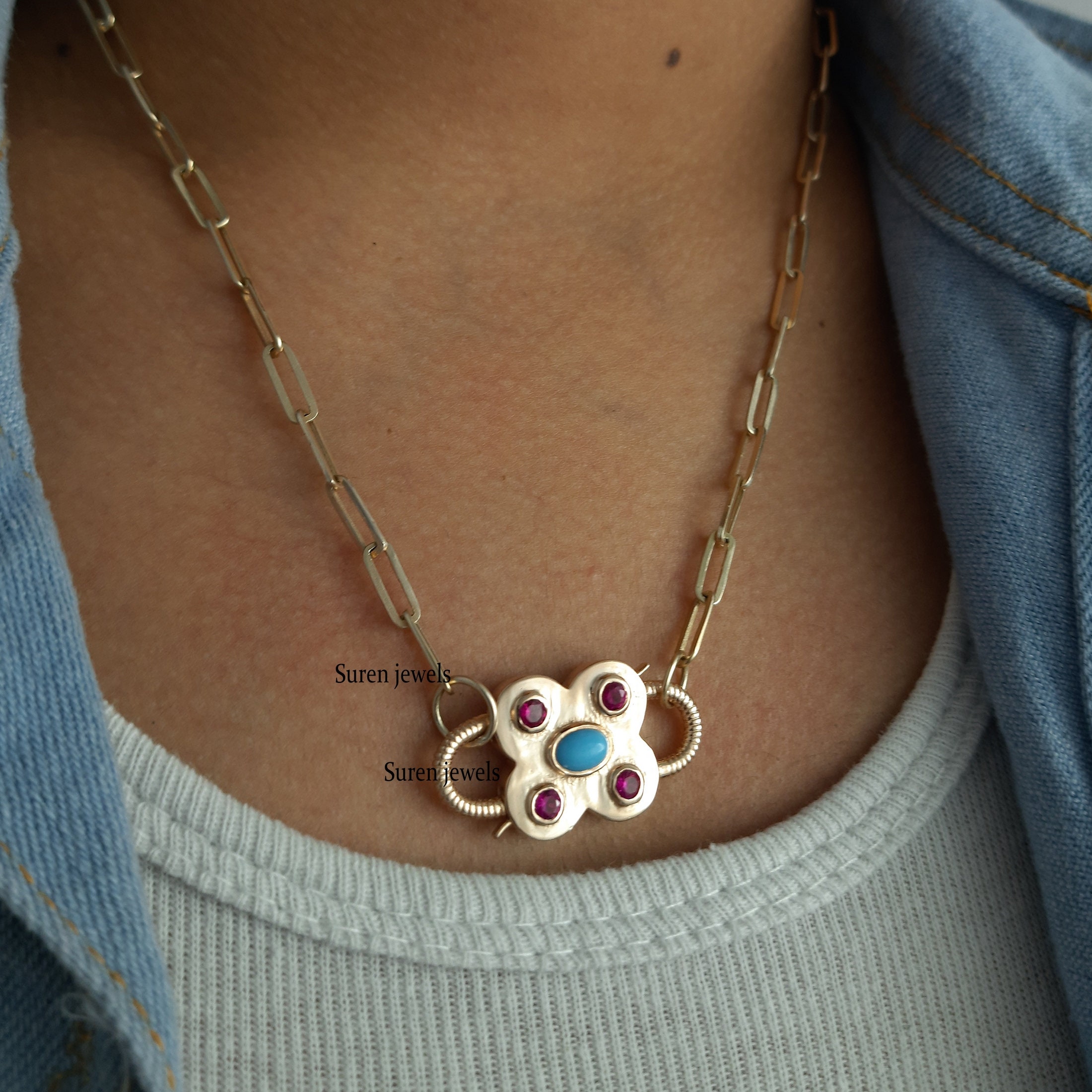 Handmade 14k Gold Plated Turquoise Padlock Pendant: Openable Jewelry - View 6 - Suren Jewels | SKU: SJP65-SLYGTQPO-N47-18I-92