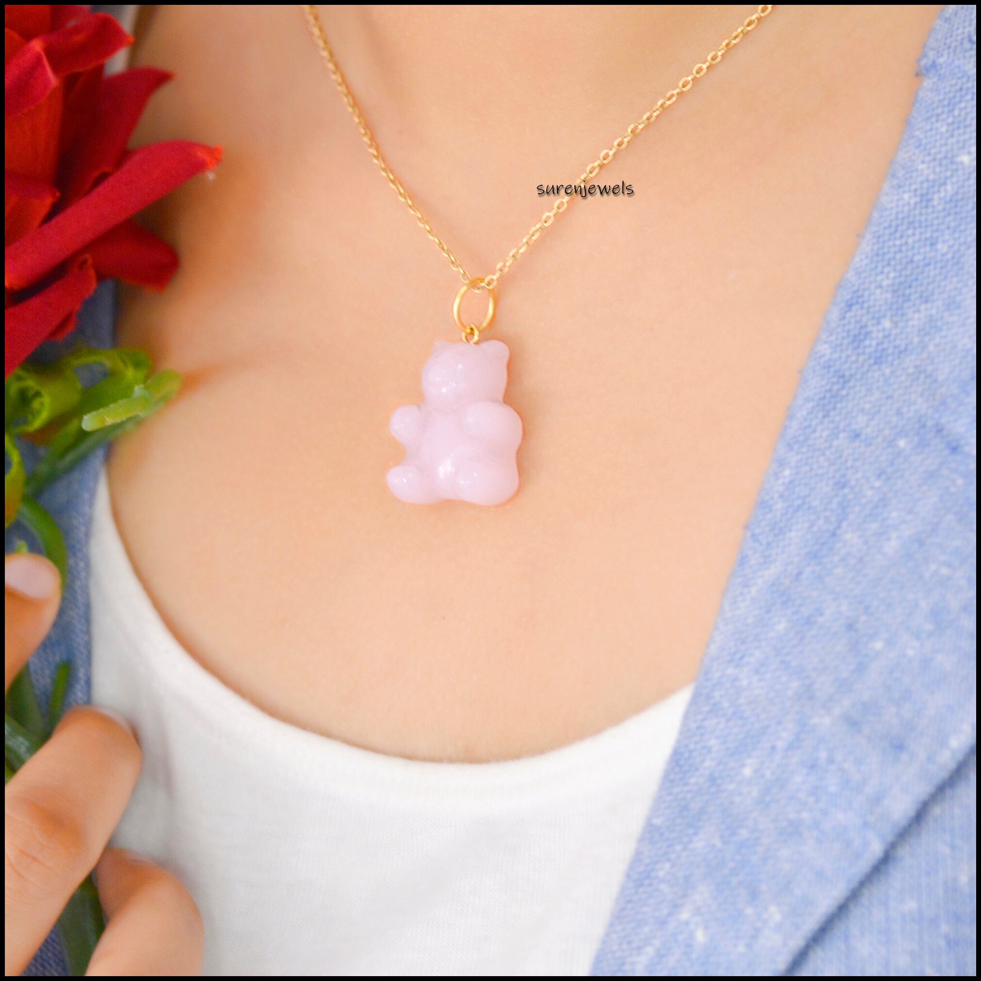 14K Gold Plated Gemstone Teddy Bear Pendant: Carved Candy Jewelry - View 6 - Suren Jewels | SKU: SJP1209-SLYGRQ