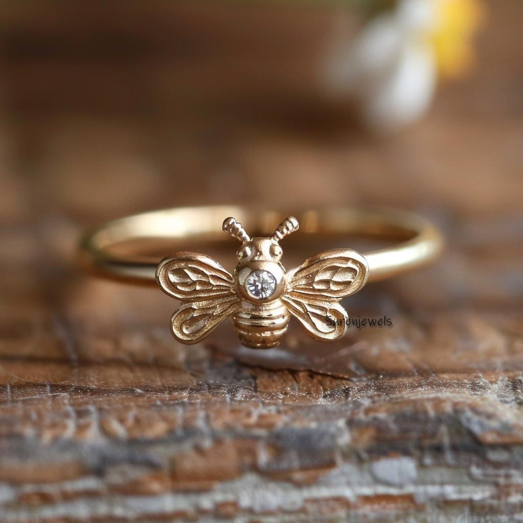 14K Gold Honey Bee Ring: Moissanite Stacking Ring - View 3 - Suren Jewels | SKU: SJR2751-SLYGCZ-US-7,SJR2811-SLYGCZ-US-7,SJR2