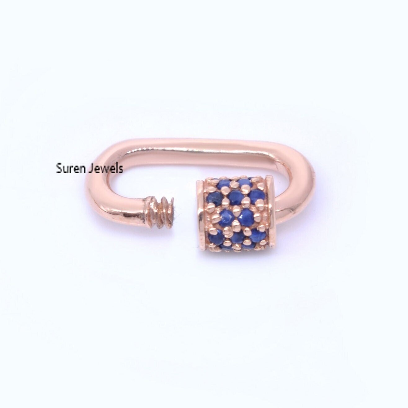 9k Gold Blue Sapphire Carabiner Lock: Handmade Pendant (15*9 mm) - View 5 - Suren Jewels | SKU: SJC07-9KRGBSP-15M