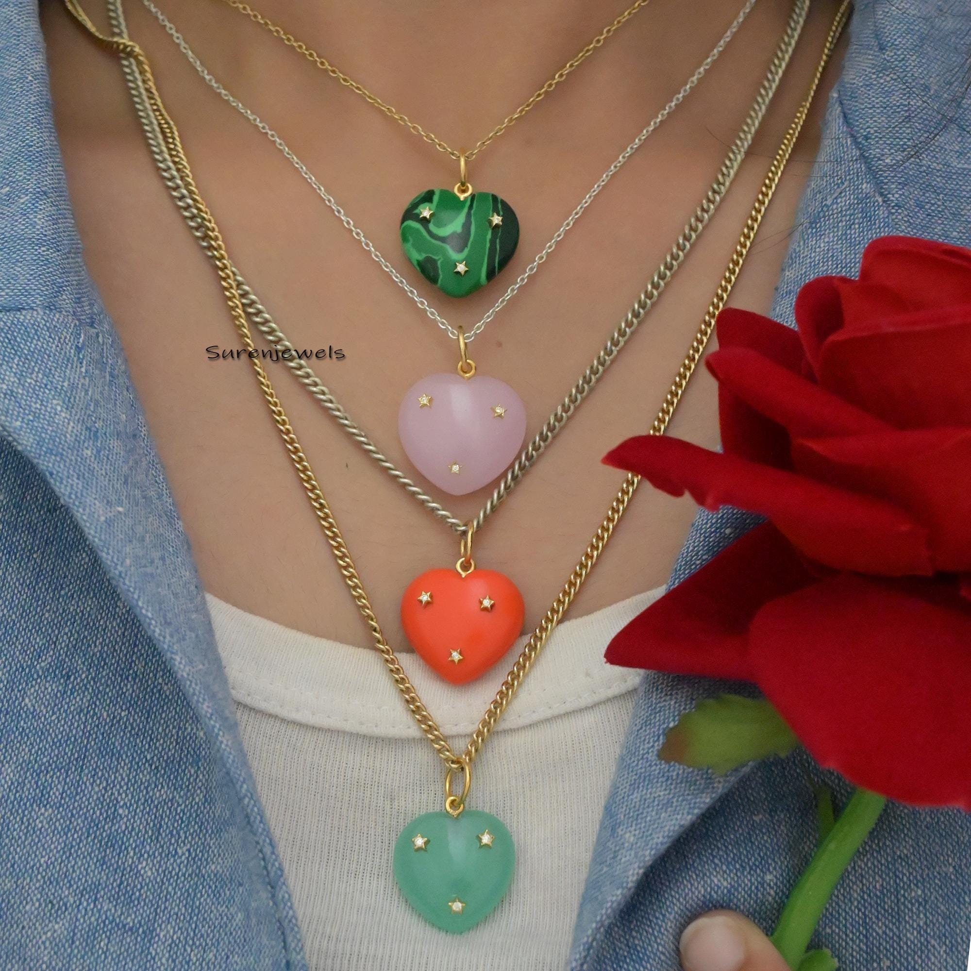 14K Gold Tiny Star Heart Pendant: Turquoise & Moissanite Charm - View 3 - Suren Jewels | SKU: SJP1450-SLYGCRMN