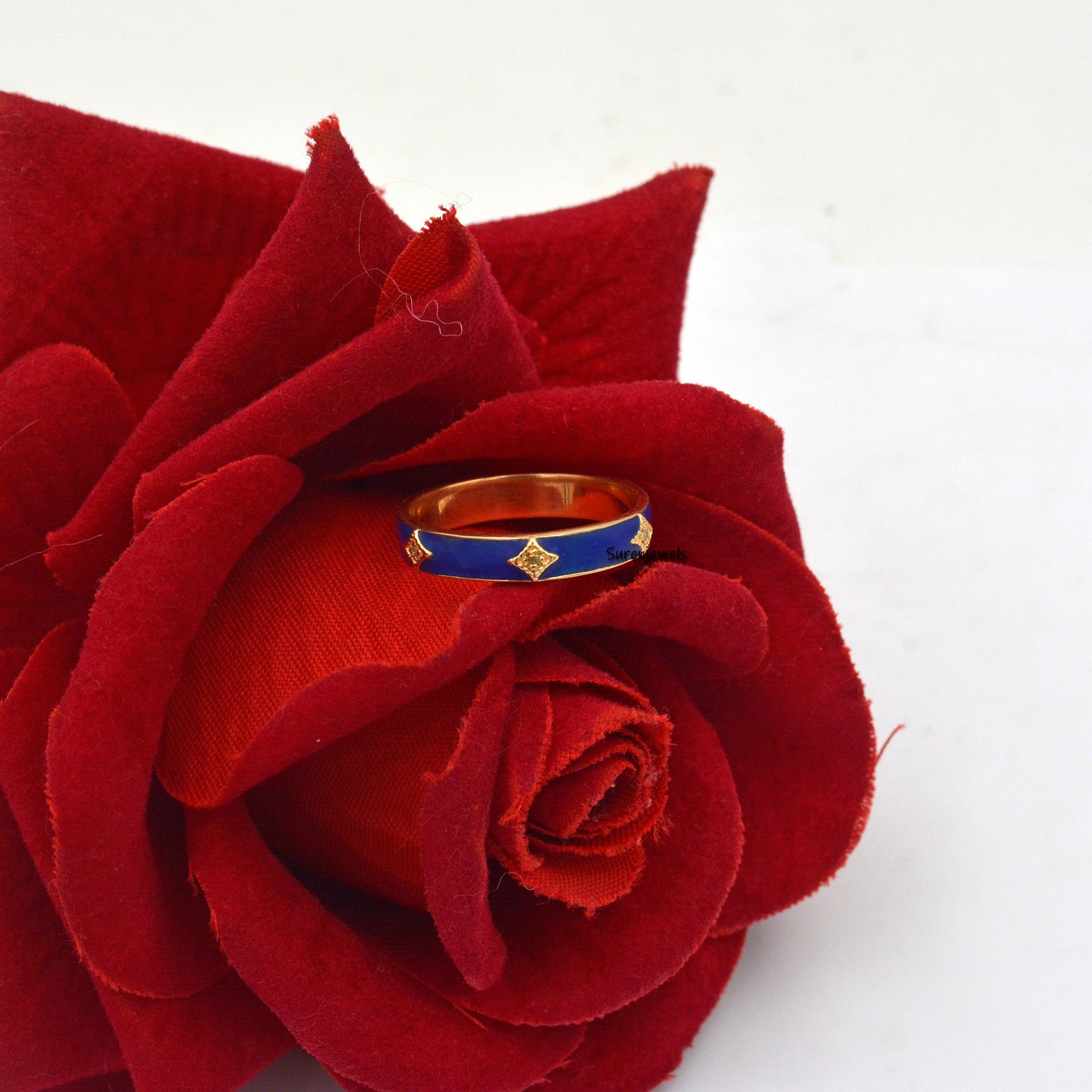 Diamond & Enamel 925 Sterling Silver Stacking Ring - View 7 - Suren Jewels | SKU: SJR632-SLYGDIELB