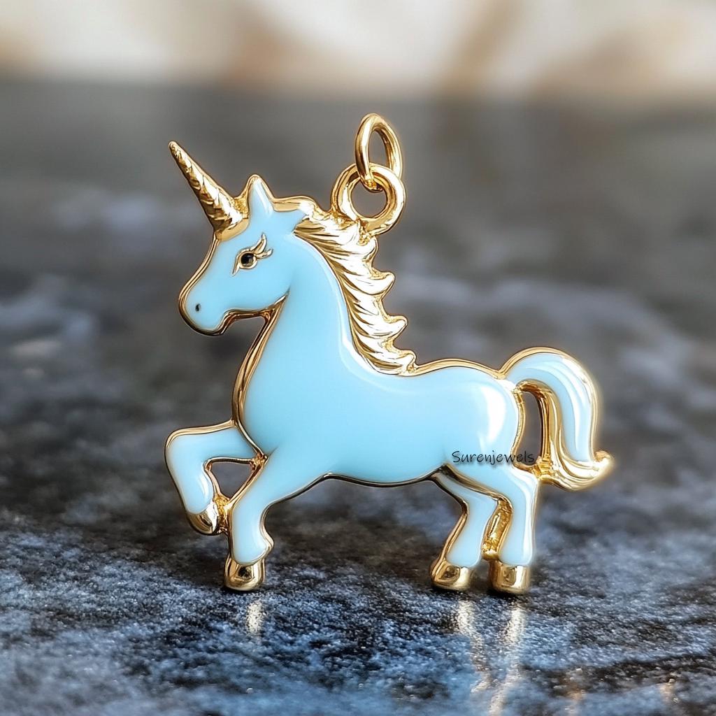 14k Gold Enamel Unicorn Pendant: Pegasus Winged Horse Charm - View 4 - Suren Jewels | SKU: SJP4775-SLYGELWELBK-20M,SJP4720-SL