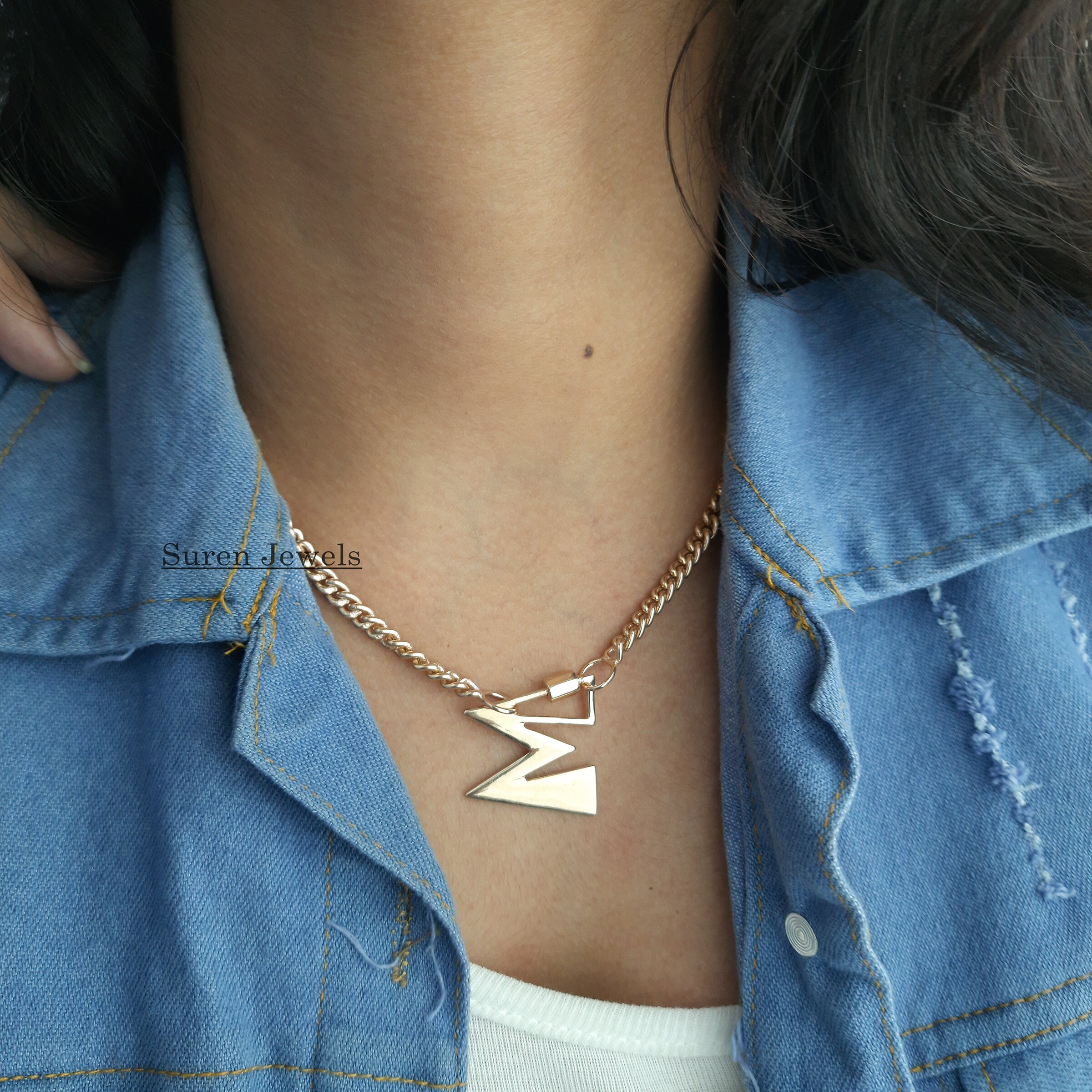 925 Silver Initial Carabiner Necklace: Custom Letter Lock - View 6 - Suren Jewels | SKU: SJC88-SLYG-M-N22-18I