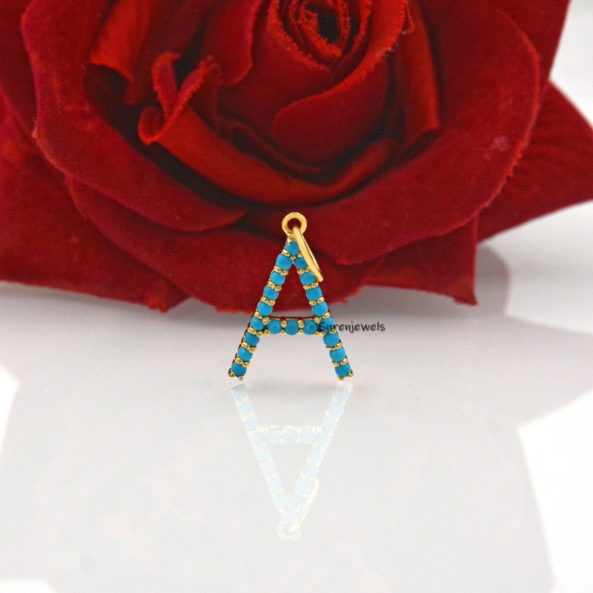925 Silver Turquoise Letter Pendant: Custom Alphabet Charm - View 2 - Suren Jewels | SKU: SJP87-SLNSTQ-N-N41-18I