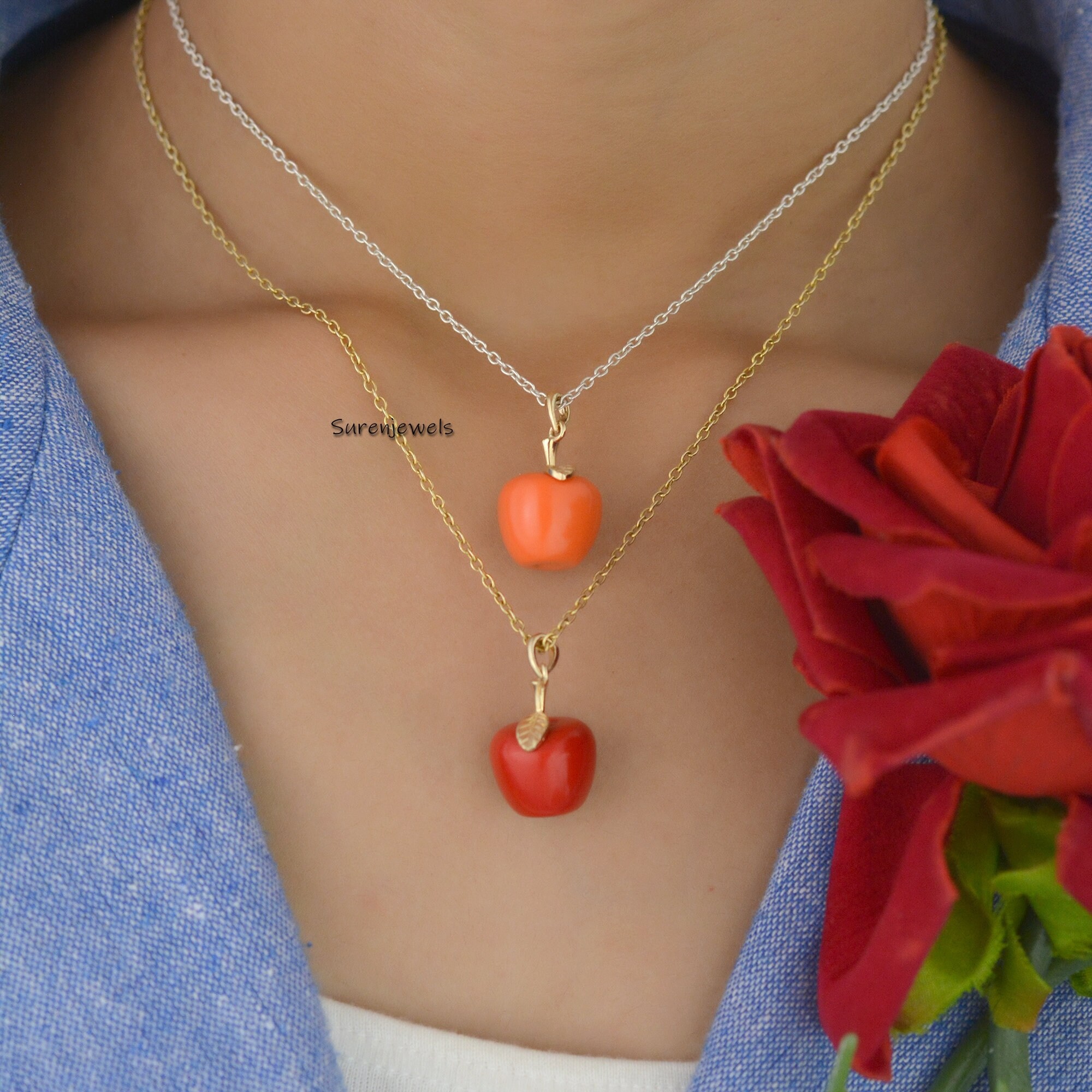 14k Gold Red Coral Apple Pendant: Gemstone Jewelry - View 5 - Suren Jewels | SKU: SJP1611