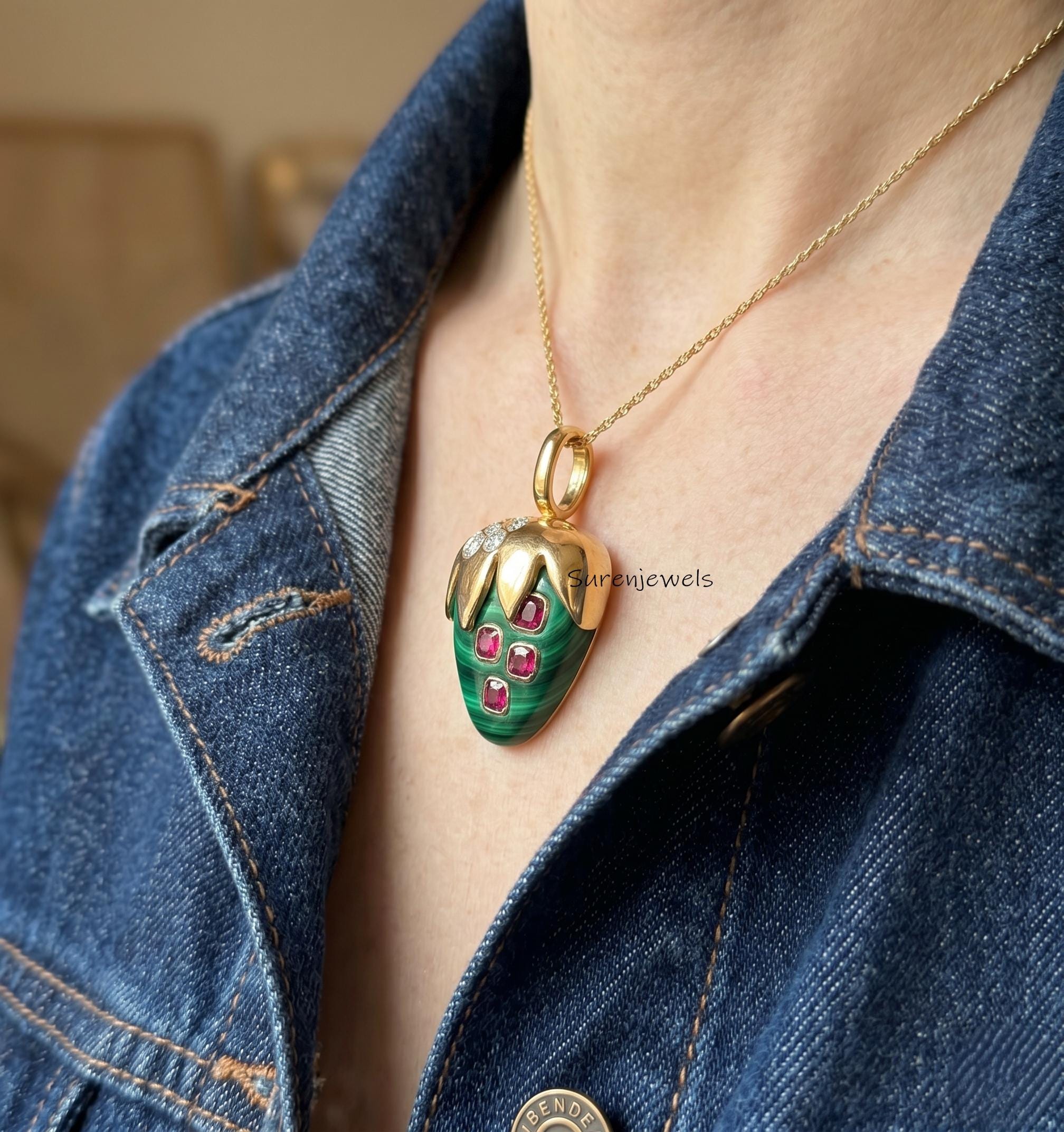 14k Gold Strawberry Pendant, Gemstone Gold Strawberry Pendant, Designer Carved Strawberry Charm, Gold Carving Strawberry Char