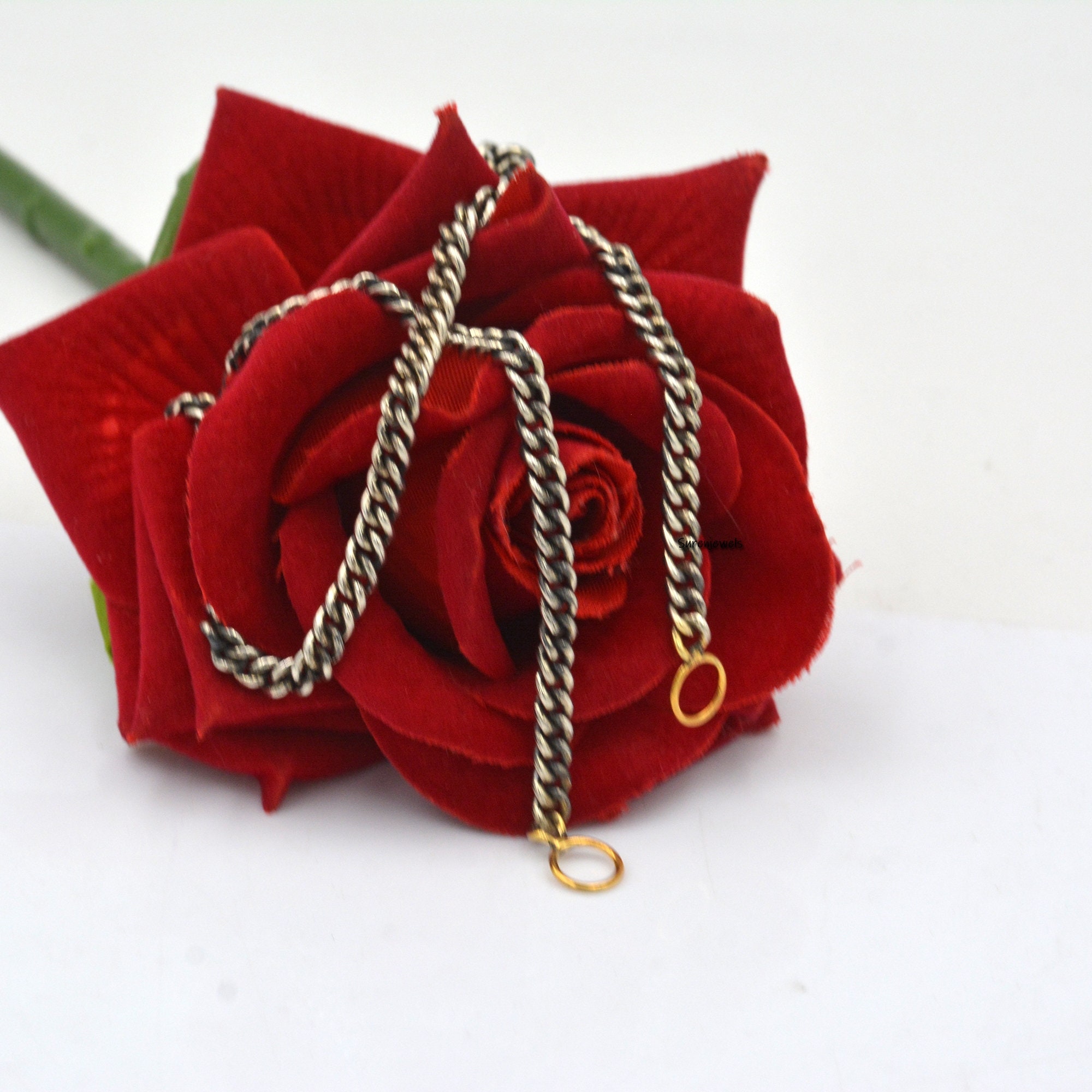 Oxidized Sterling Silver Curb Chain: Handmade Carabiner Link Necklace - View 3 - Suren Jewels | SKU: SJN22/G17-SLOXYG-5M-14I
