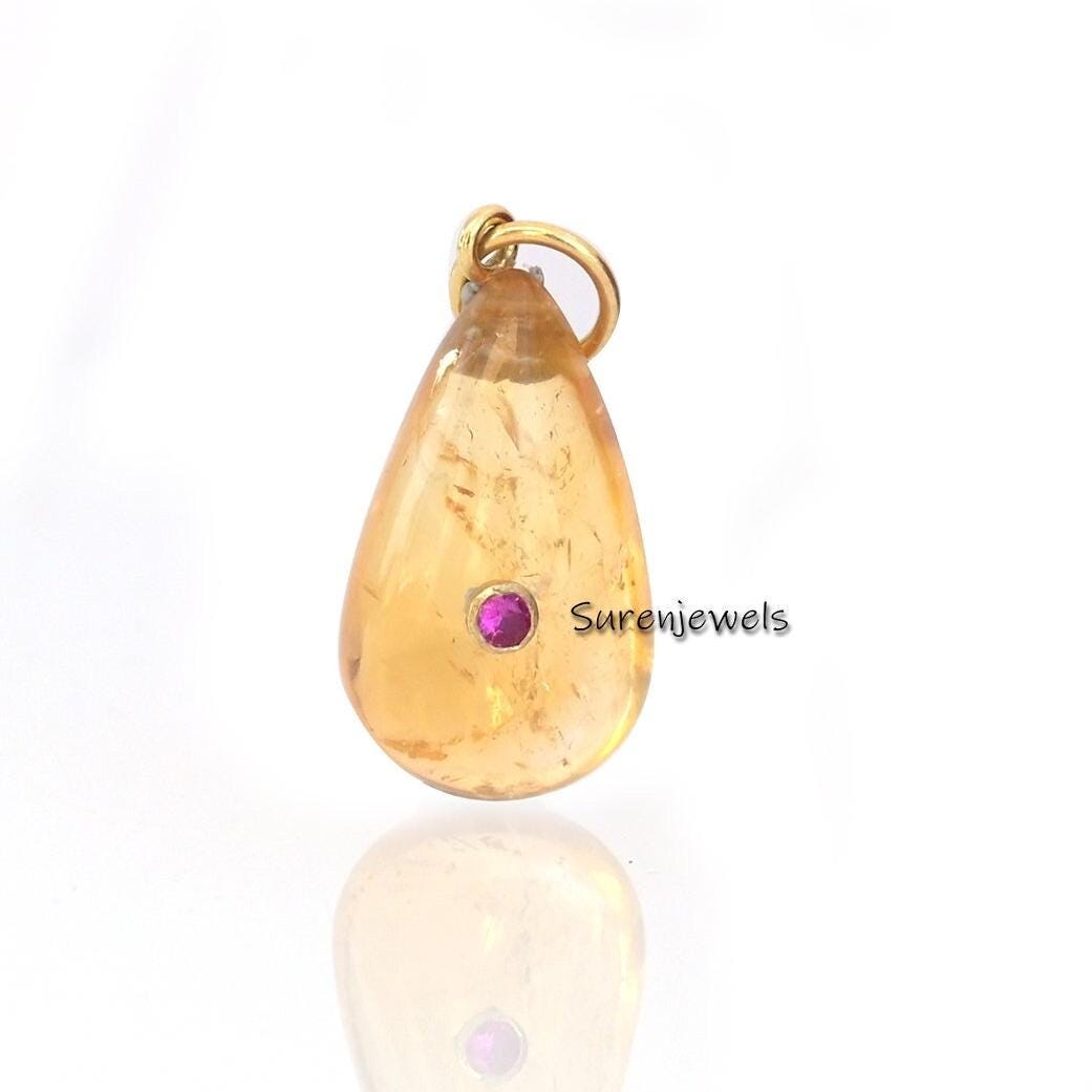 14K Gold Teardrop Pendant: Ruby CZ Gemstone (25mm) - View 3 - Suren Jewels | SKU: SJP3193