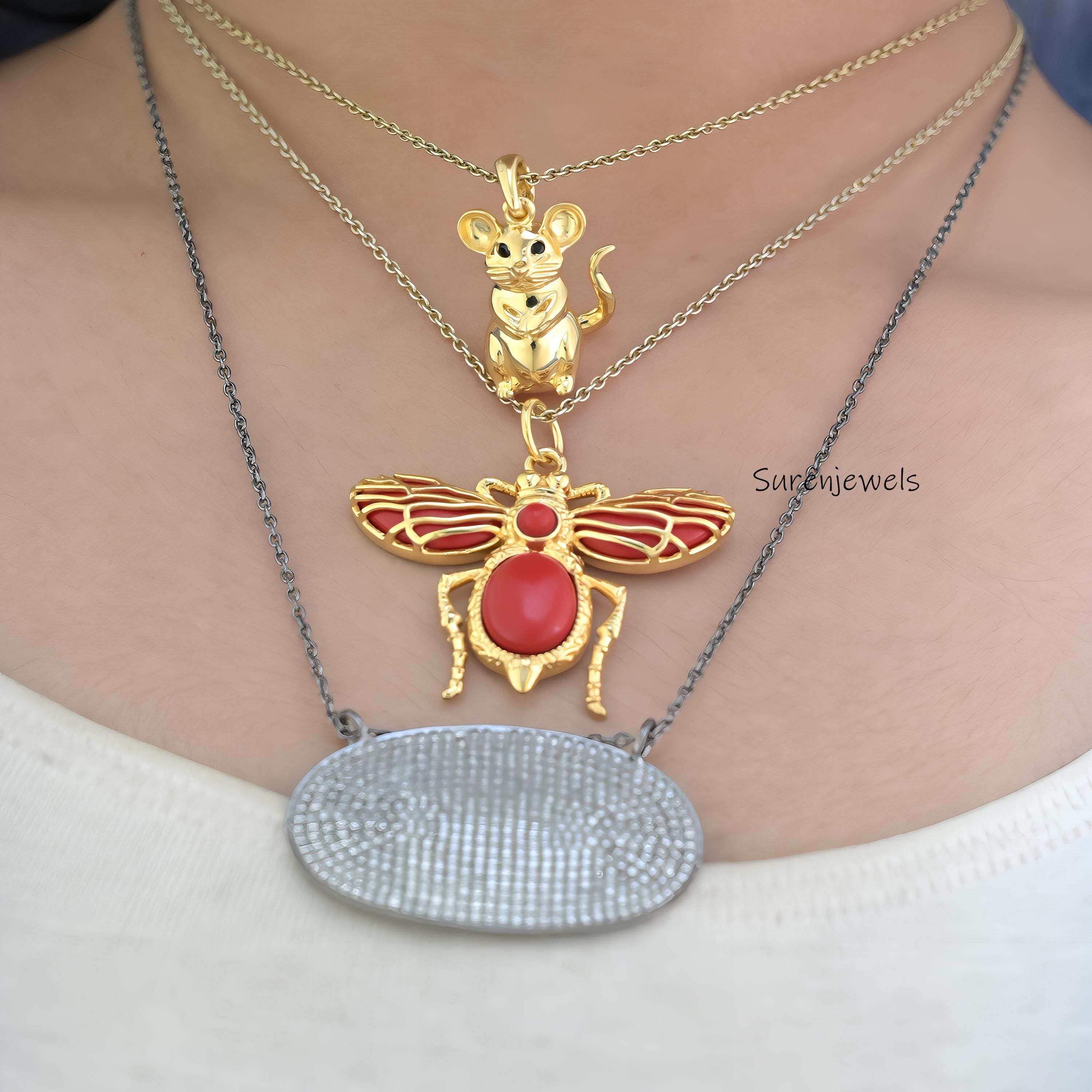 Solid 14k Gold Mouse Pendant: Designer Animal Jewelry - View 5 - Suren Jewels | SKU: SJP4321-SLNSBS-20M,SJP4873-SLYG-20M,SJP4