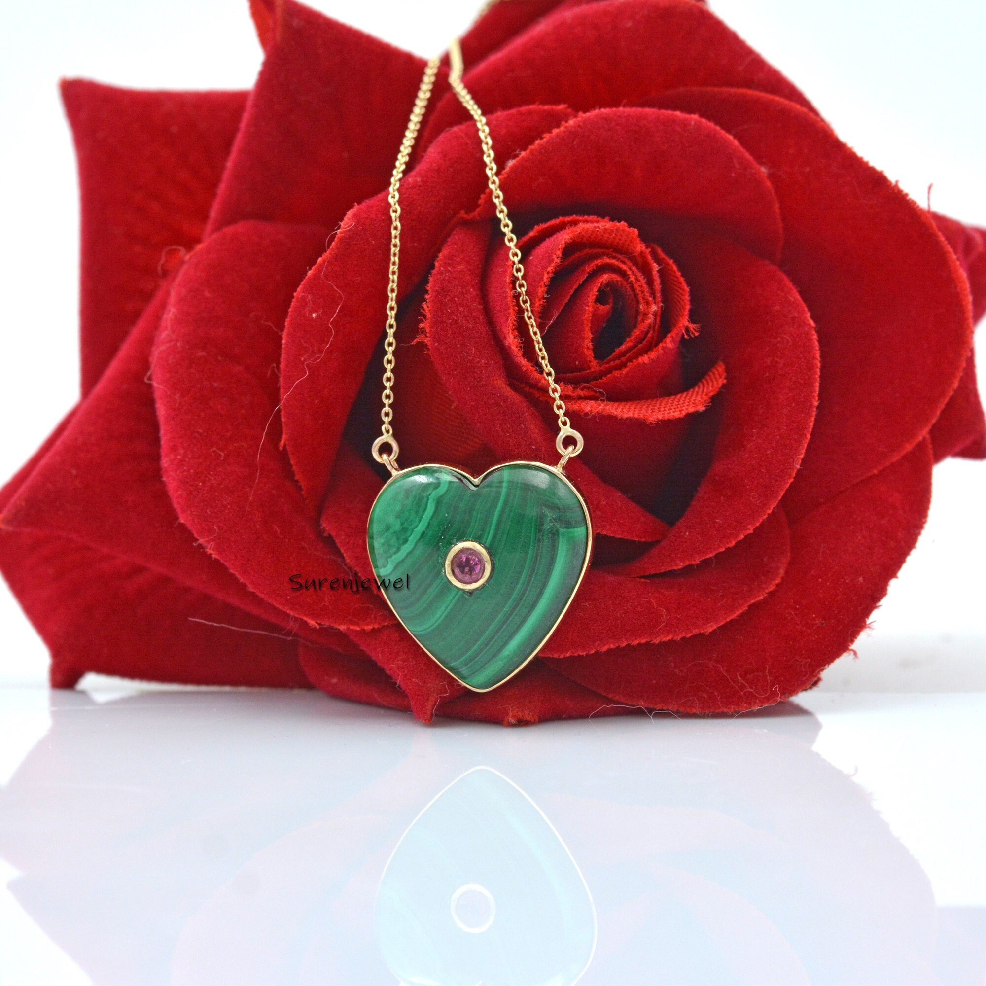14k Gold Necklace Gold Malachite Heart 