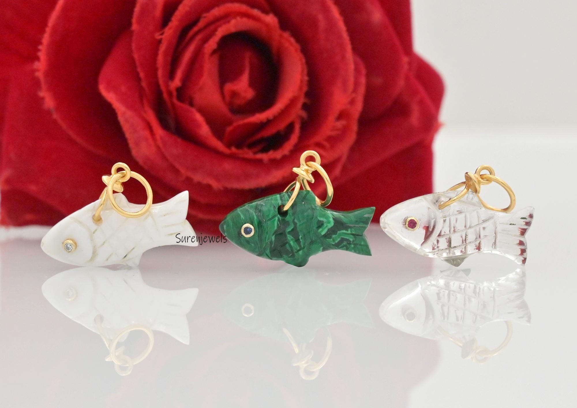 14K Gold Carved Gemstone Fish Pendant: Lucky Charm - View 2 - Suren Jewels | SKU: SJP4590