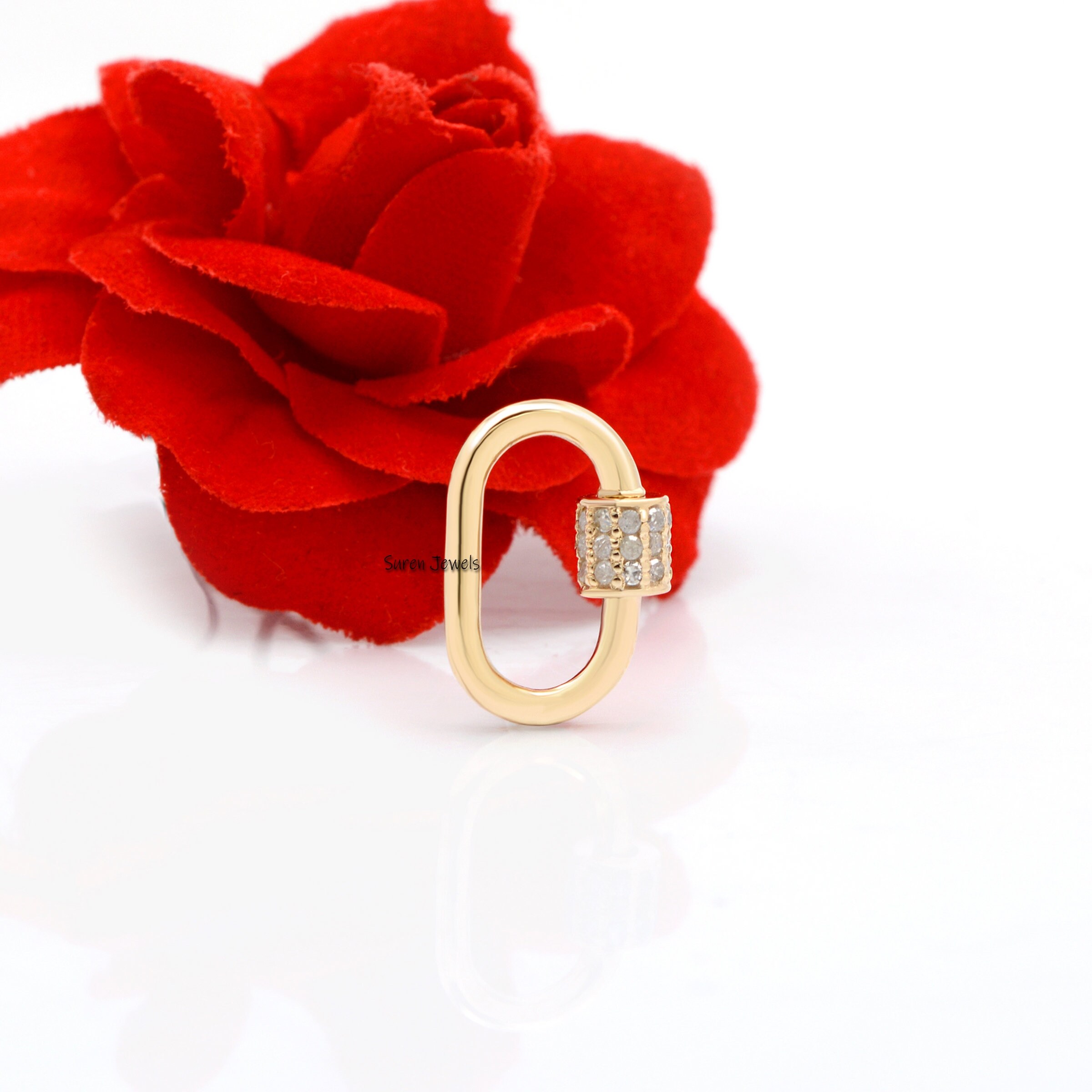 14K Gold Diamond Carabiner Lock: Oval Screw Clasp - View 5 - Suren Jewels | SKU: SJC131-14KYGDI-16M