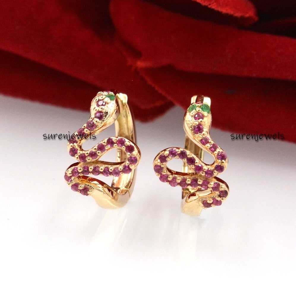 925 Silver Snake Huggies: Diamond & Emerald Gemstone Hoops - View 2 - Suren Jewels | SKU: SJE998-9KYGCZEM-15M