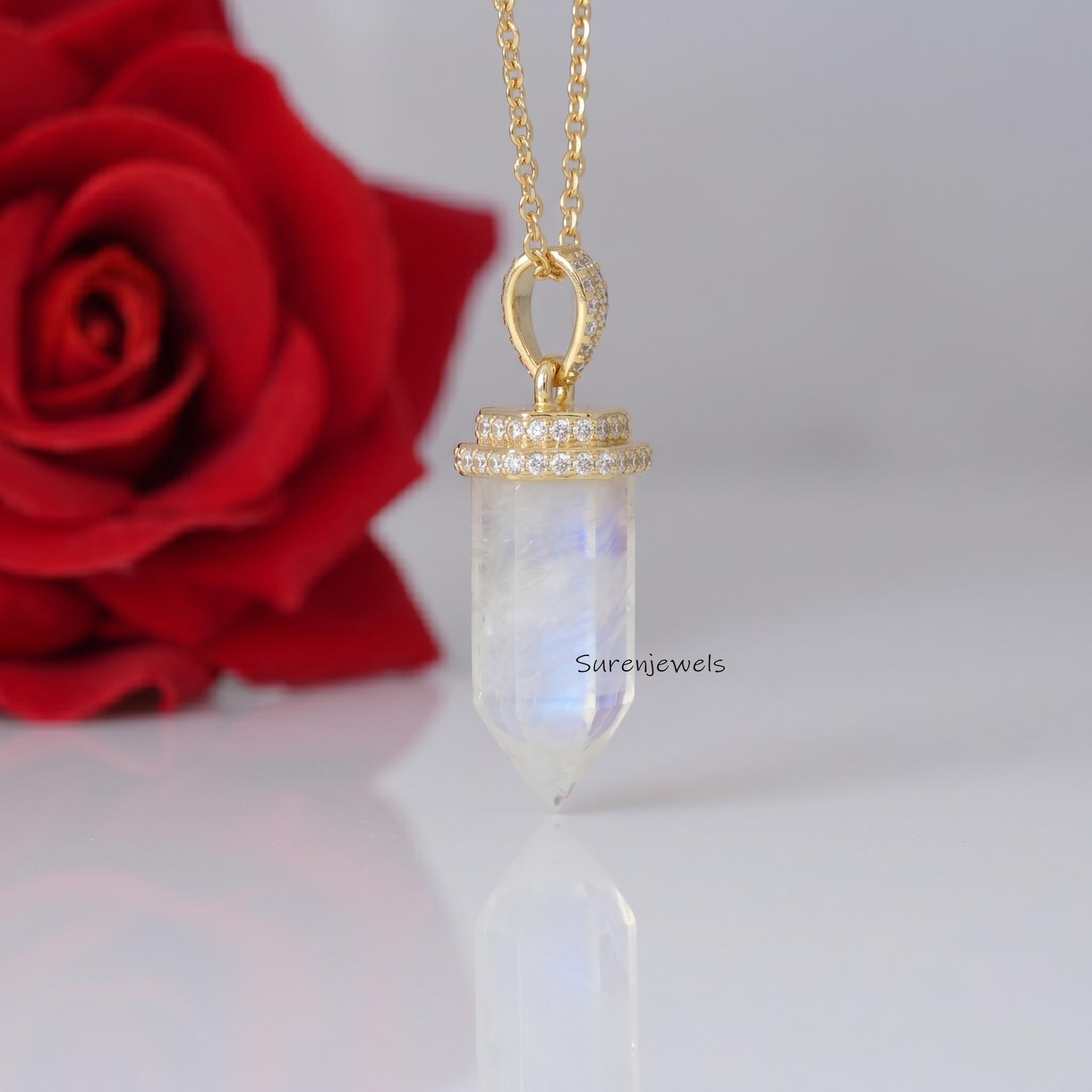 14K Gold Gemstone Point Pendant, Moonstone Point Pendant, Crystal Pencil Point Pendant, Moonstone Pendant, Crystal Pointed Pe