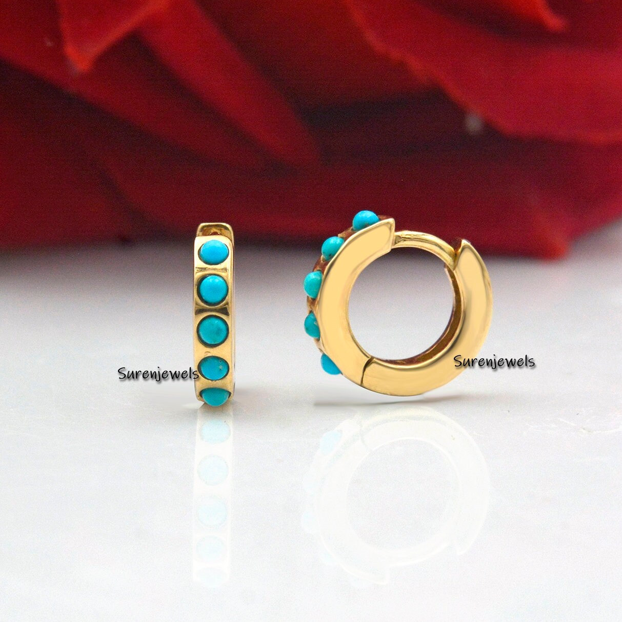14k Solid Gold Turquoise Huggie Earrings - 10mm - View 2 - Suren Jewels | SKU: SJE933-SLNSTQ-10M